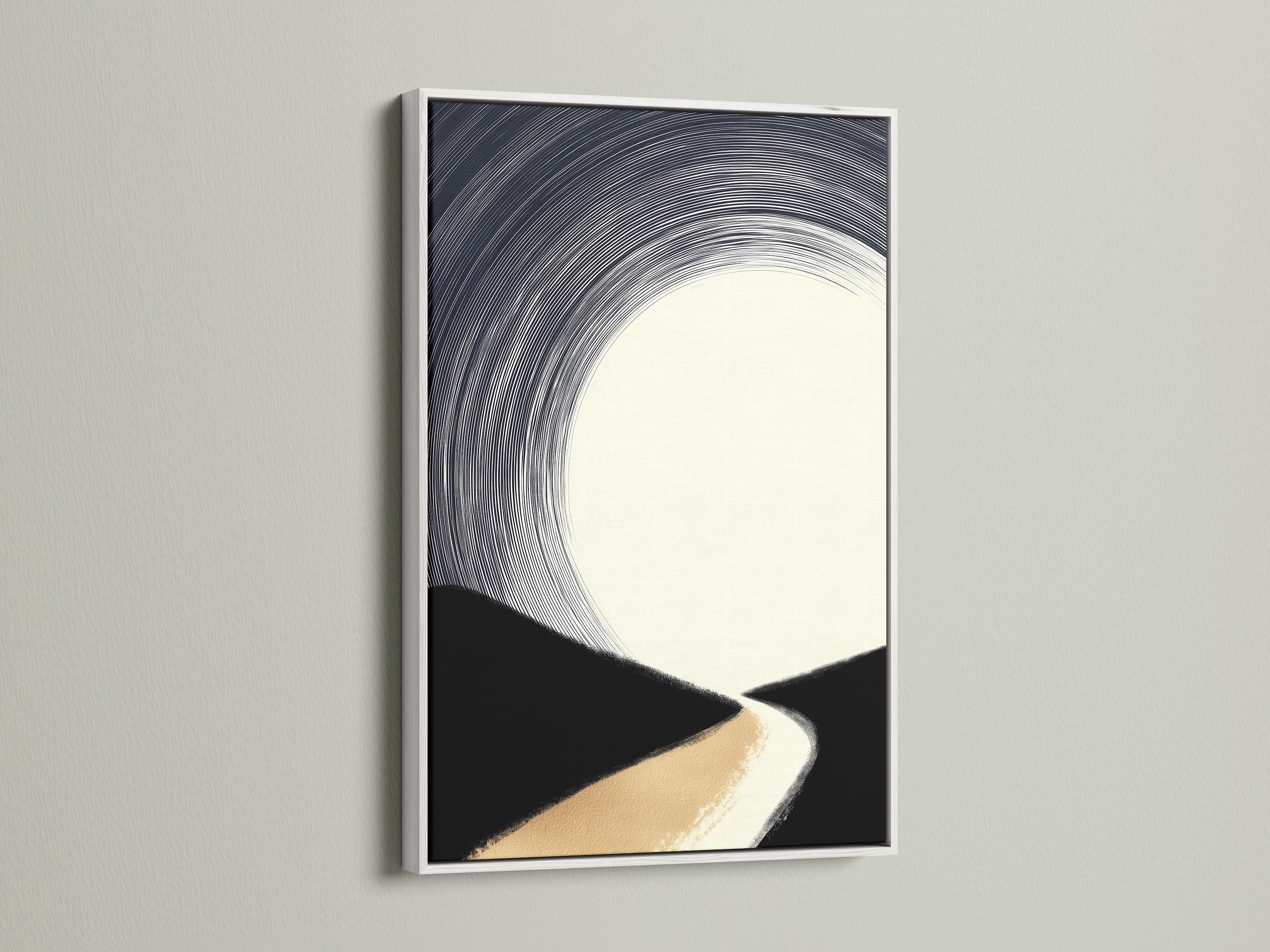 A white frame enhances a minimalist art piece. The artwork features an abstract landscape. Beige black and white tones create a serene atmosphere. This frame and artwork combination is perfect for brightening any space. It complements modern decor beautifully.