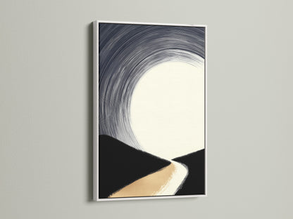 A white frame enhances a minimalist art piece. The artwork features an abstract landscape. Beige black and white tones create a serene atmosphere. This frame and artwork combination is perfect for brightening any space. It complements modern decor beautifully.