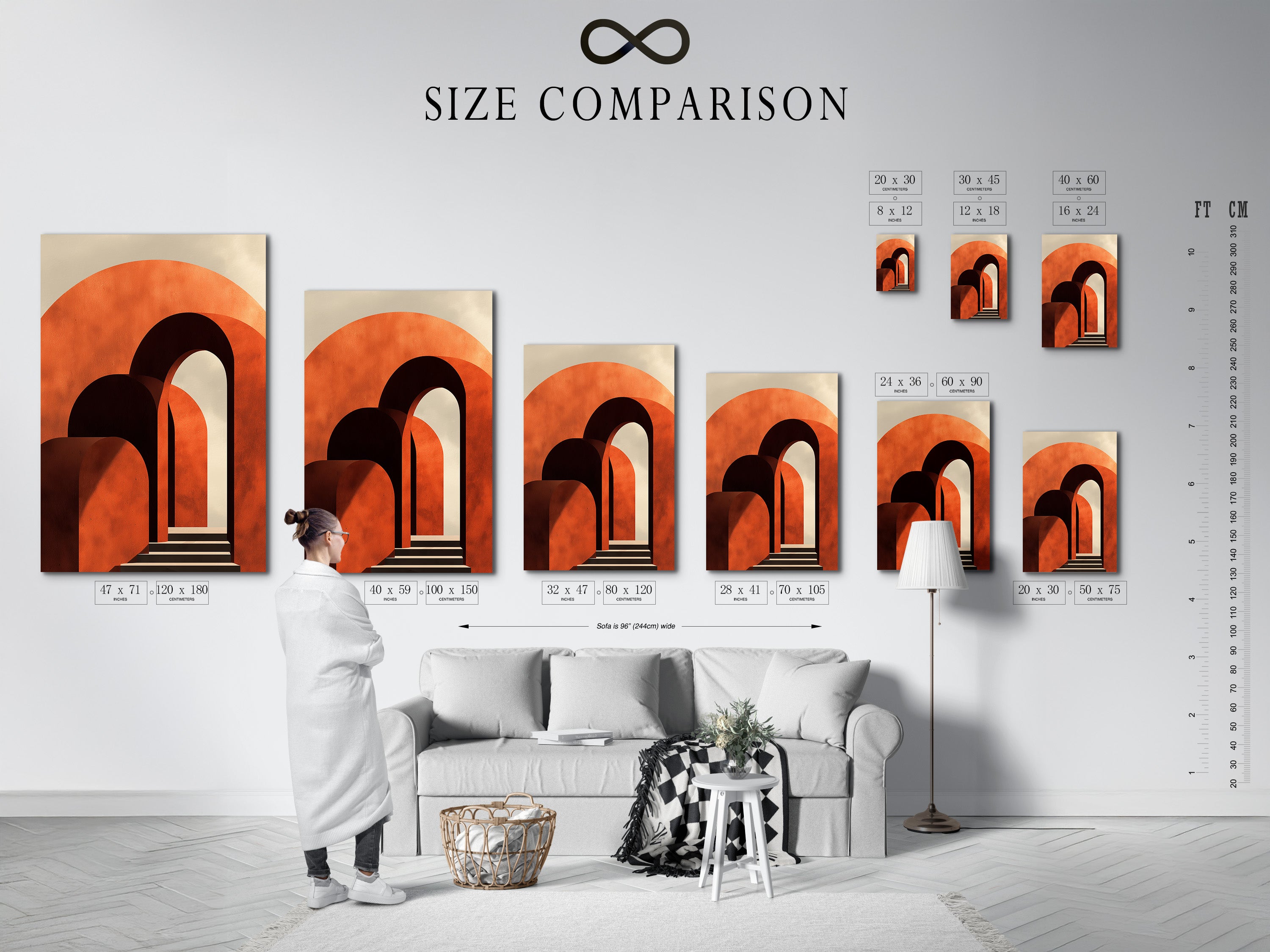 A size comparison chart is displayed in an interior setting. This chart helps visualize artwork dimensions. It shows how different sizes fit various spaces. Perfect for planning your art arrangement.