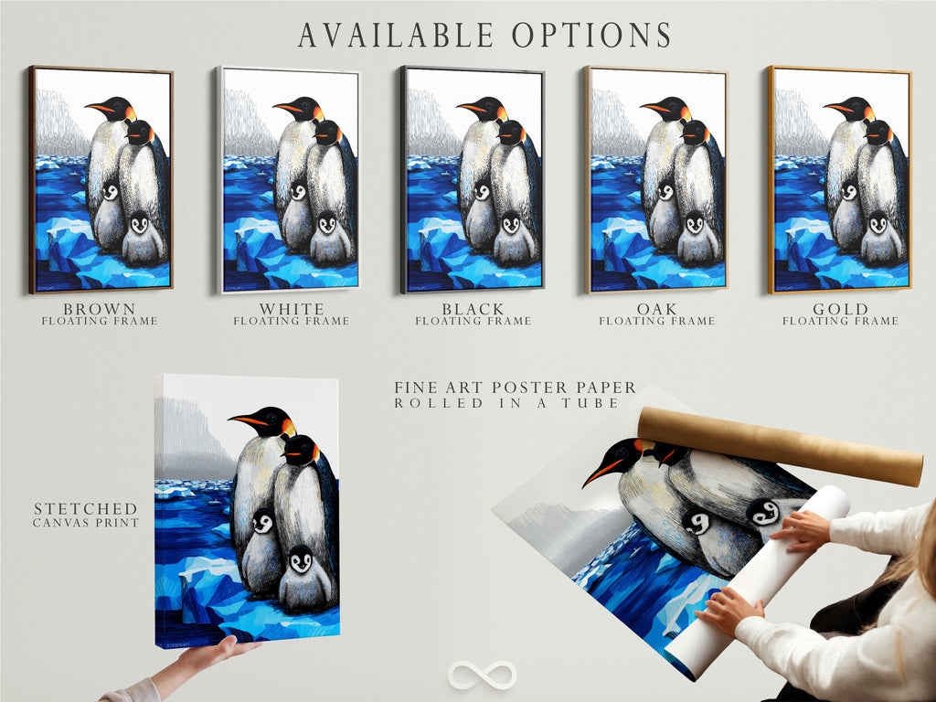 Available Options for Penguin Family Art. Choose from stretched canvas fine art poster or floating frame. Find the perfect style for your arctic wildlife art. Decorate your nursery with this adorable penguin family today.