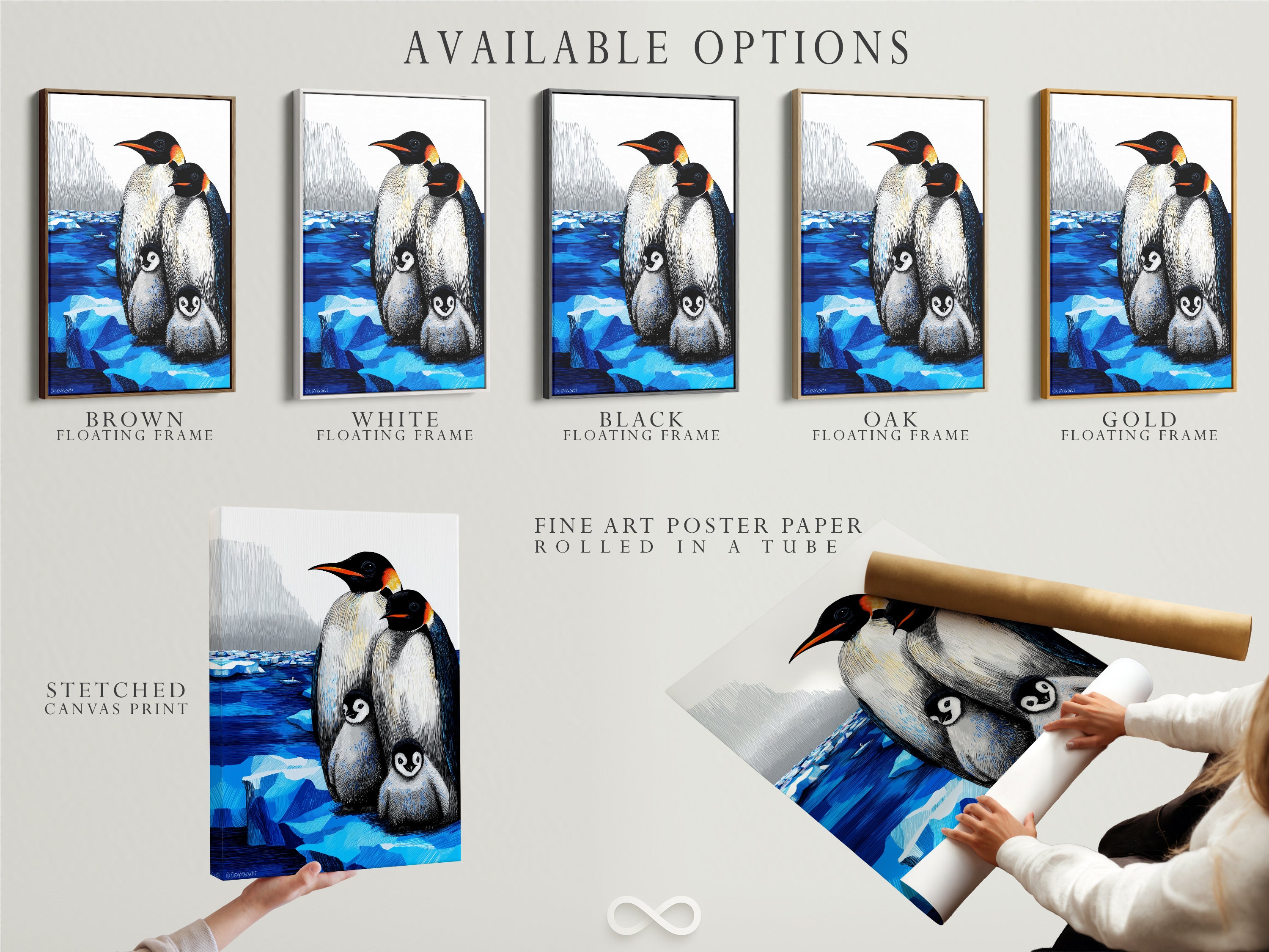 Available Options for Penguin Family Art. Choose from stretched canvas fine art poster or floating frame. Find the perfect style for your arctic wildlife art. Decorate your nursery with this adorable penguin family today.