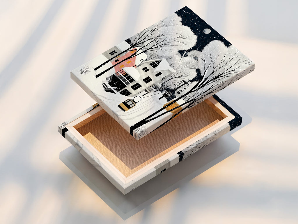 A stretched canvas print of Winter Village art is displayed. This cozy snow scene wall art is ready to hang and enjoy. The Scandinavian folk art adds a touch of Nordic style to your living space.