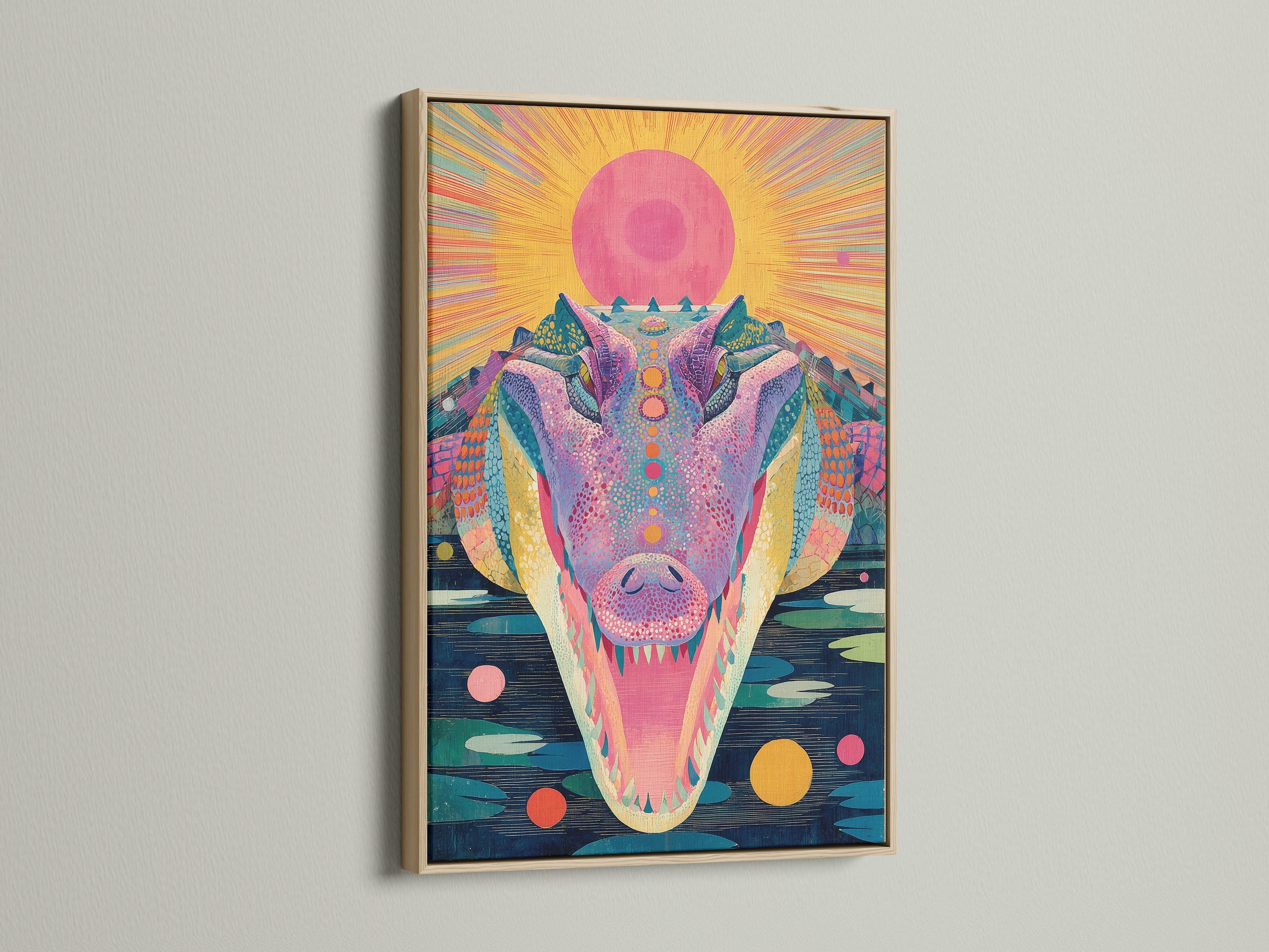 A psychedelic crocodile artwork is presented in an oak frame. The colorful trippy poster enhances the room's aesthetic. It's ideal for those seeking unique wall decor. This surreal animal artwork adds a vibrant touch. It blends retro aesthetics with modern artwork.