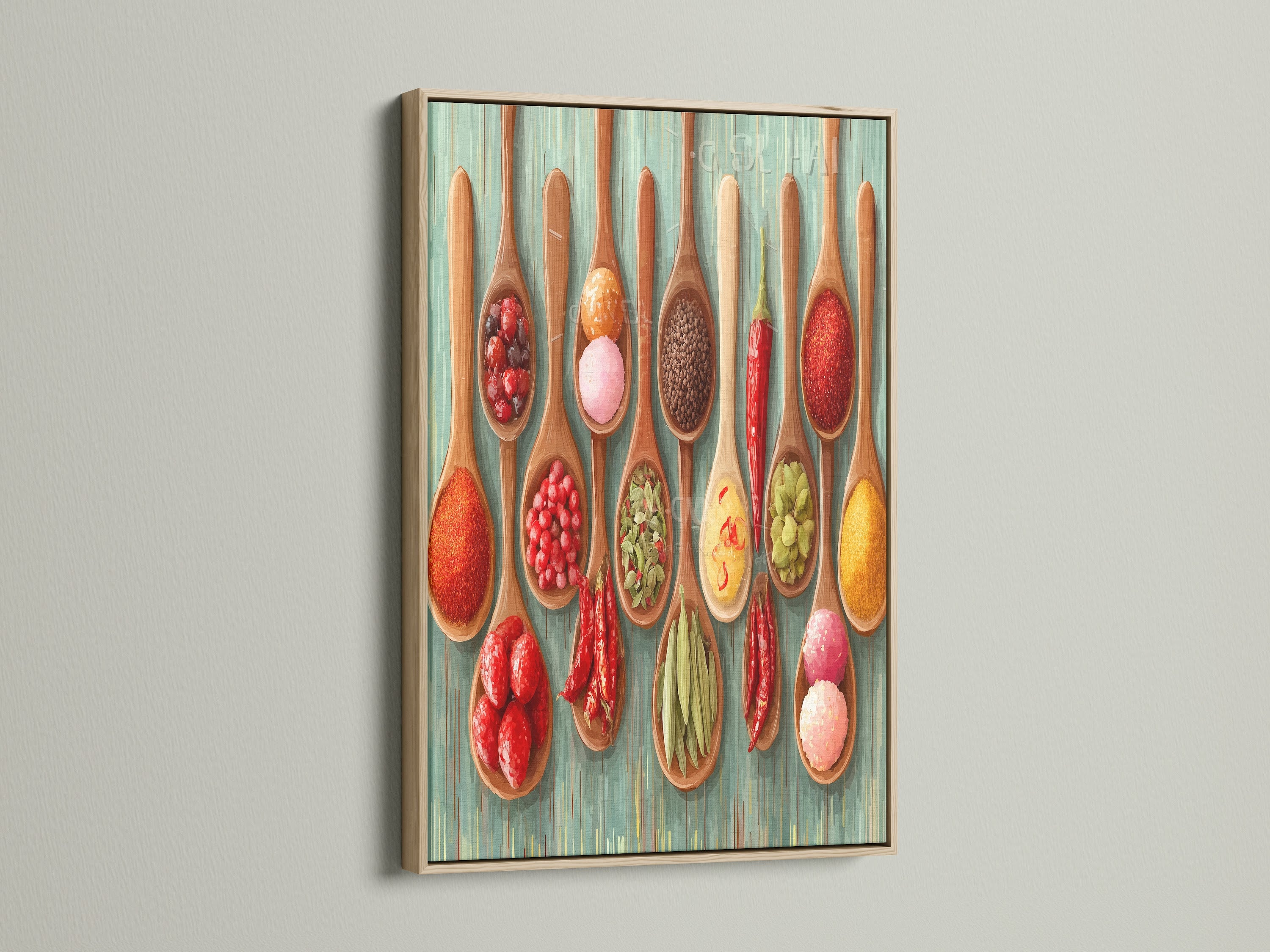 An oak frame showcases foodie decor. This spoons print will add a touch of culinary art to your dining room. The colorful kitchen art will make a great addition to your home. This food artwork is perfect for homeowners and cooking aficionados.