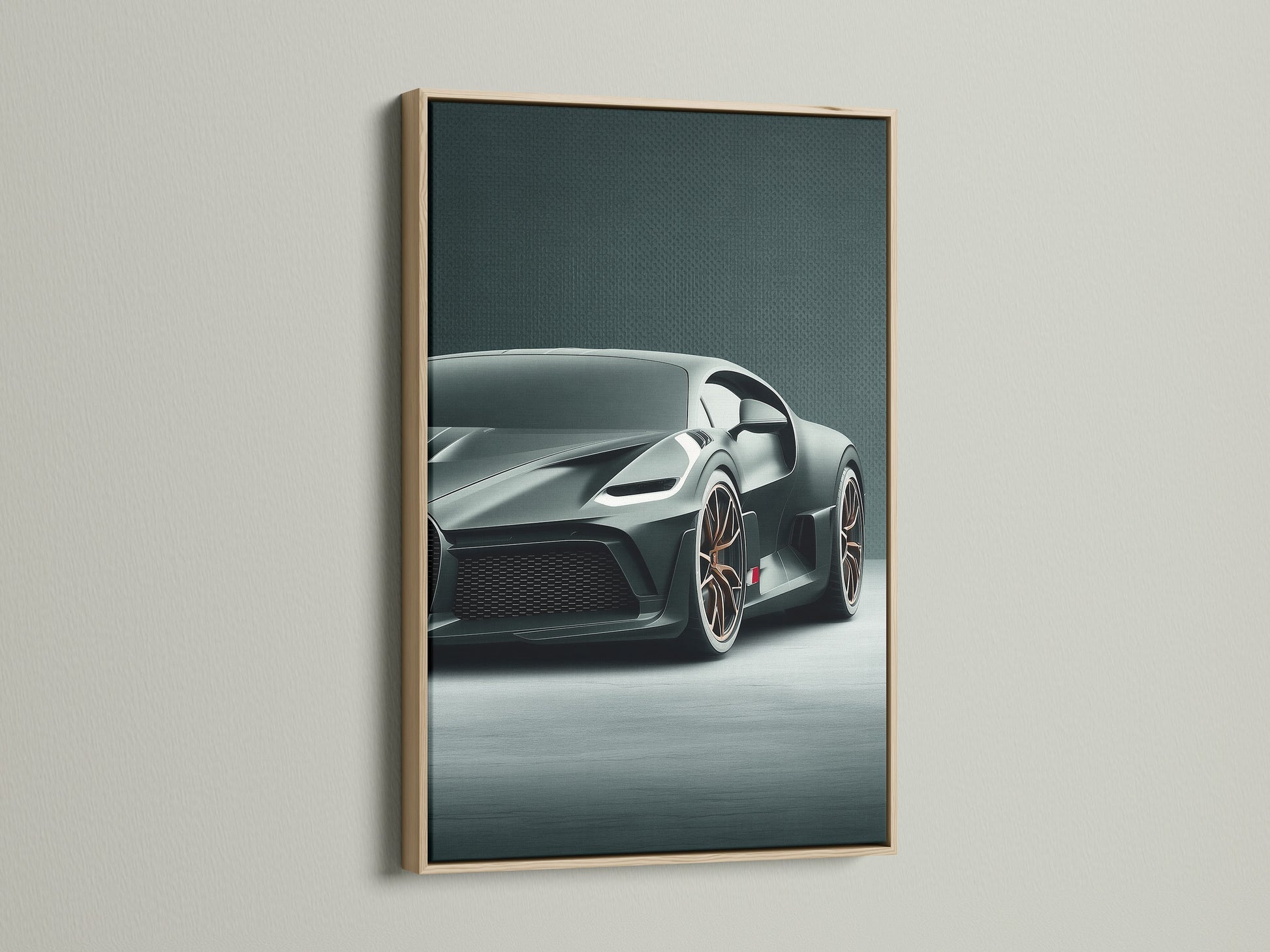 A sage green supercar poster is elegantly framed in oak. The oak frame complements the modern automotive wall art. Ideal for adding a touch of sophistication to garage wall decor or a man cave. 