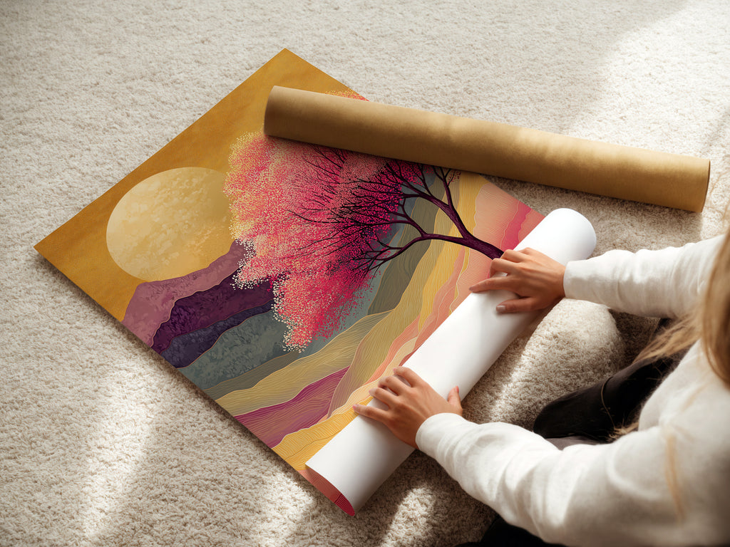 A woman rolls a fine art poster paper. The Japanese Cherry Blossom artwork is ready for display. The artwork features a pink sunset mountain landscape. Perfect for creating zen wall decor. High-quality paper ensures lasting beauty.