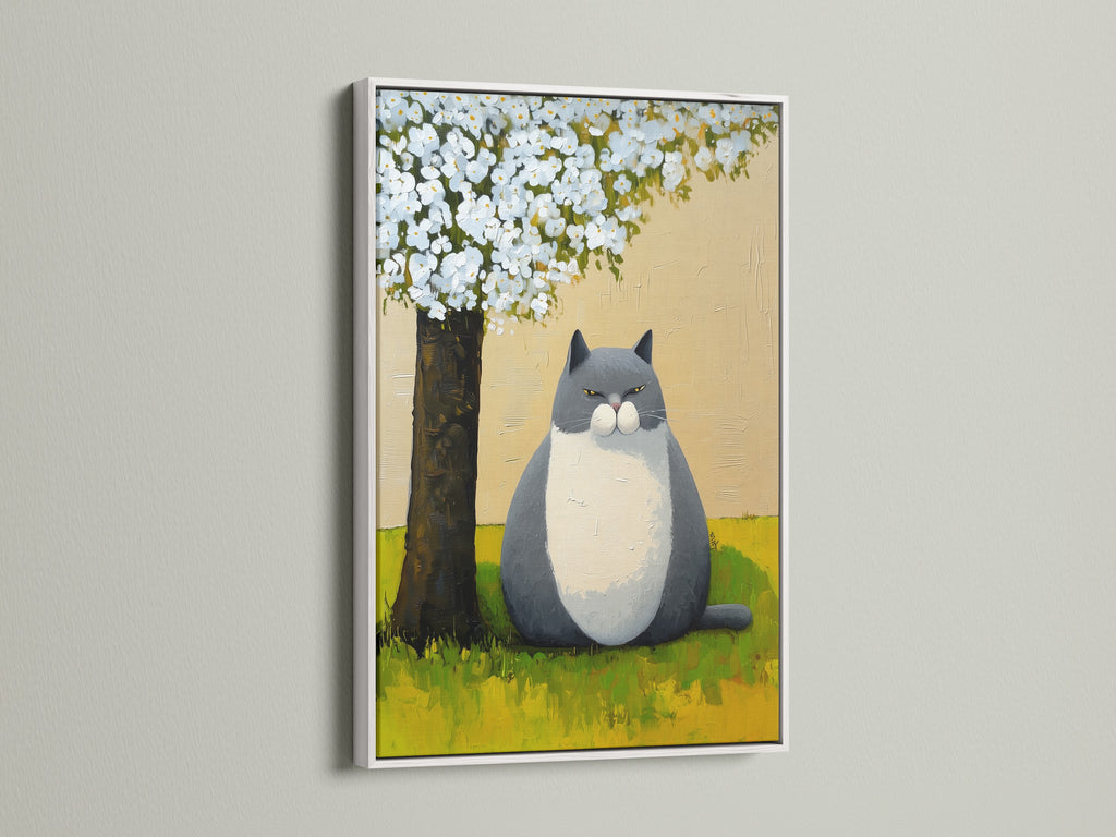 A whimsical cat artwork print is showcased in a white frame. This is a peaceful garden canvas wall art print. This cute animal illustration is ideal for nursery room decor. This is contemporary art.