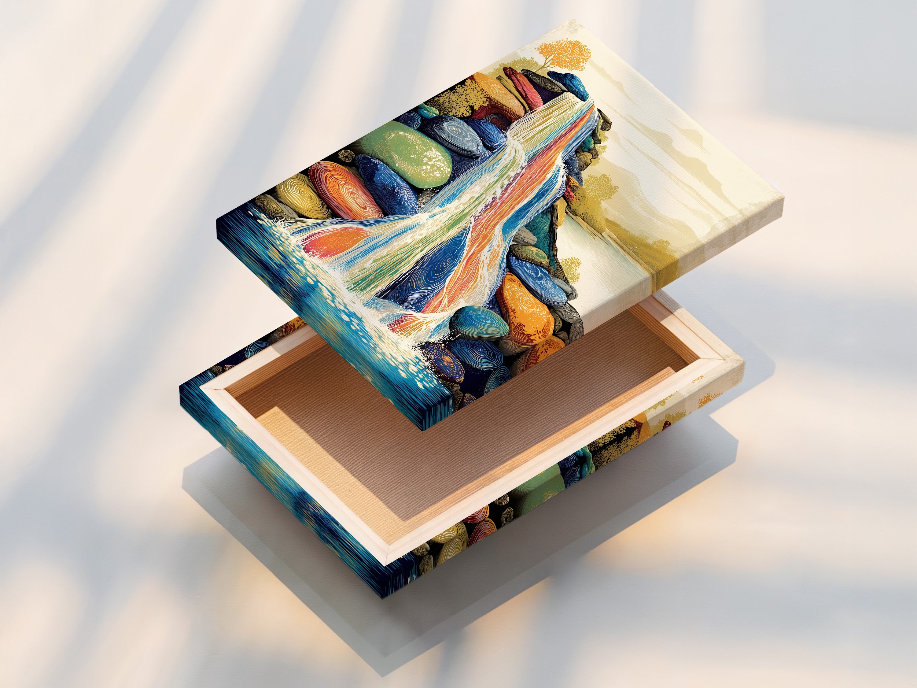 This is a stretched canvas print featuring a colorful waterfall artwork. This vibrant rock formation art is ready to hang. Add a touch of nature to your living space. Perfect for modern minimalist aesthetics.