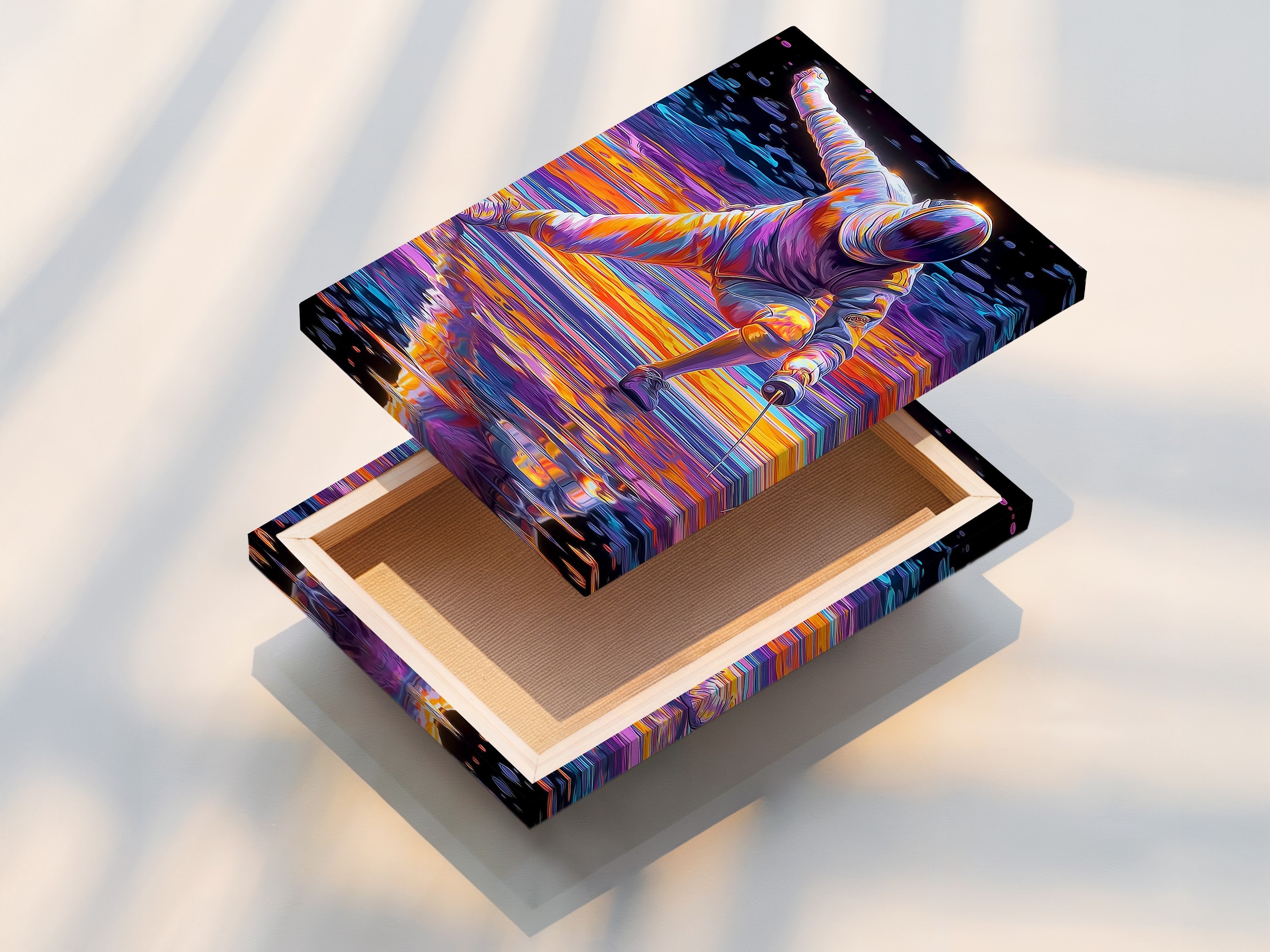 This is a stretched canvas print of the fencing sport canvas art. The abstract duelist artwork is ready to hang. Vibrant colors and dynamic action bring energy to your space. Perfect for sports themed decor.