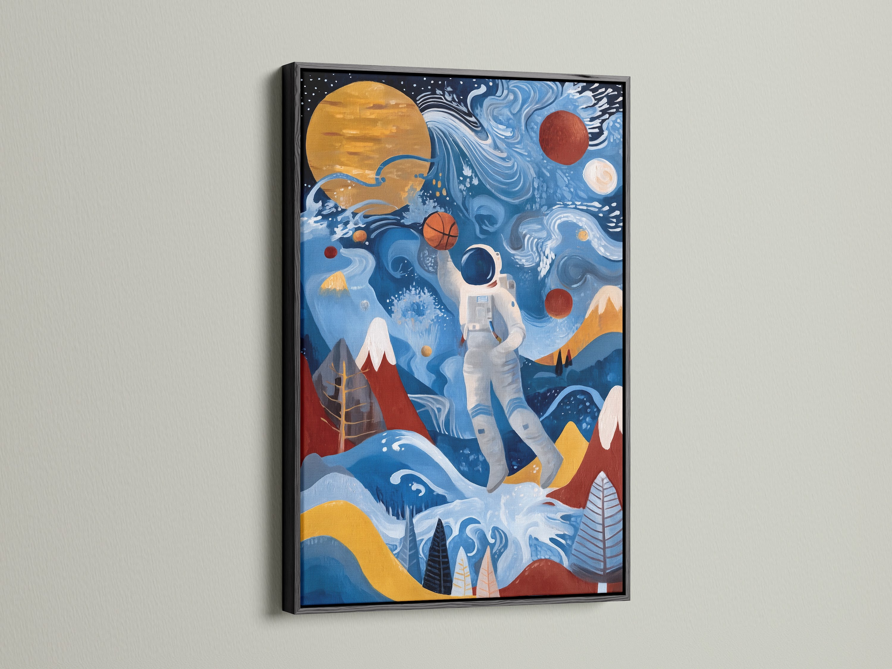 A striking black framed canvas print is displayed. The artwork shows an astronaut playing basketball in space. This modern art piece is great for teen room decor. It is also ideal for a kids room. The black frame adds sophistication.