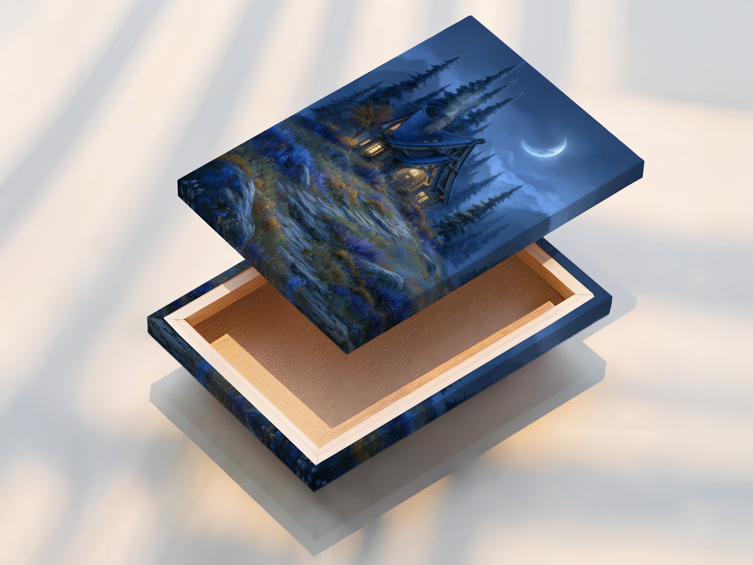 A stretched canvas print of the Moonlit Cottage artwork is displayed. The fantasy forest print is ready to hang. It transforms your space with enchanted cabin art. This is perfect for adding magical wall art.