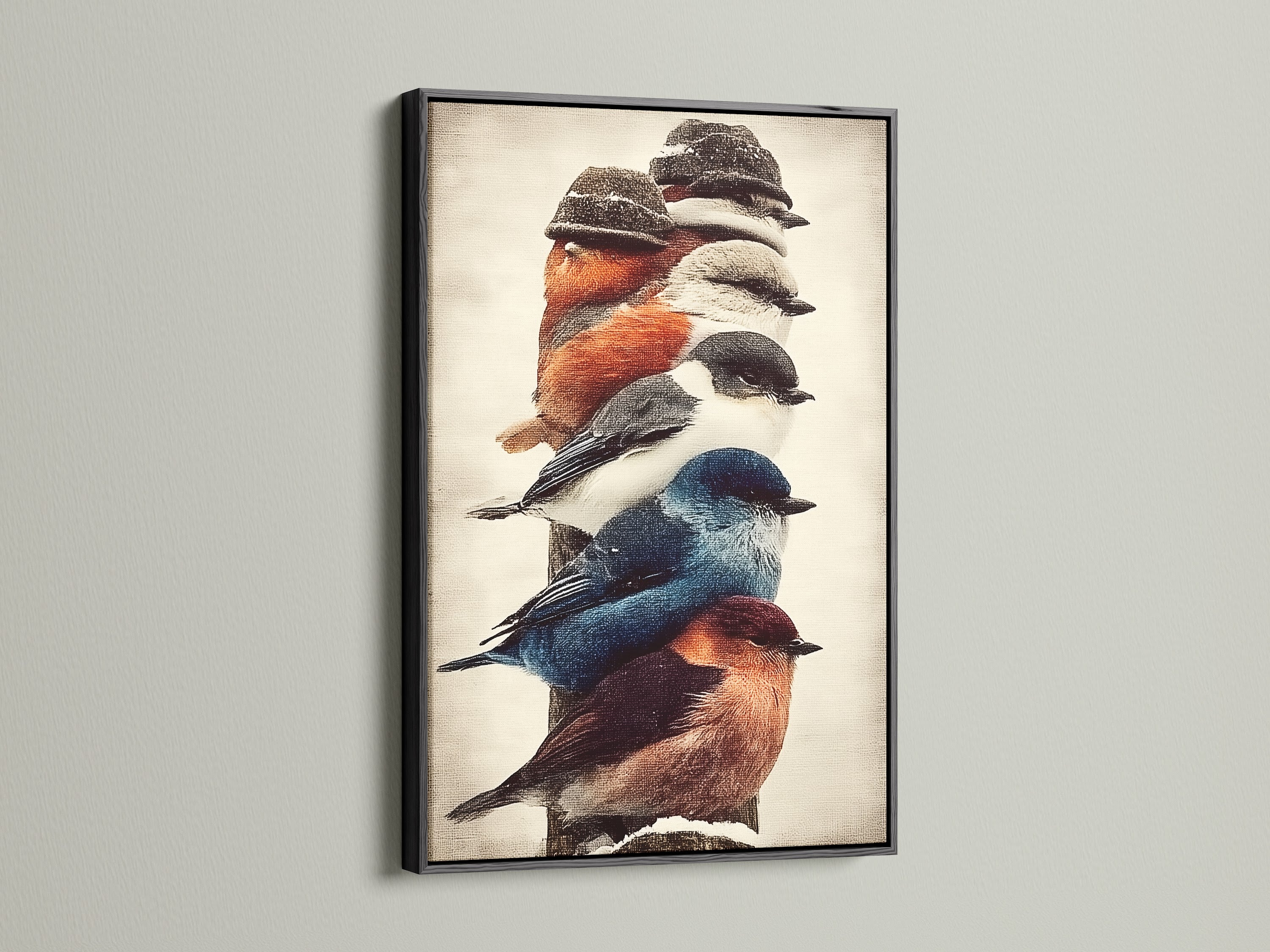 Vintage bird print showcased in a black frame. This striking contrast enhances the colorful bird art. Ideal rustic wall art for a modern or classic interior. Bring nature's beauty into your living space with this avian artwork.