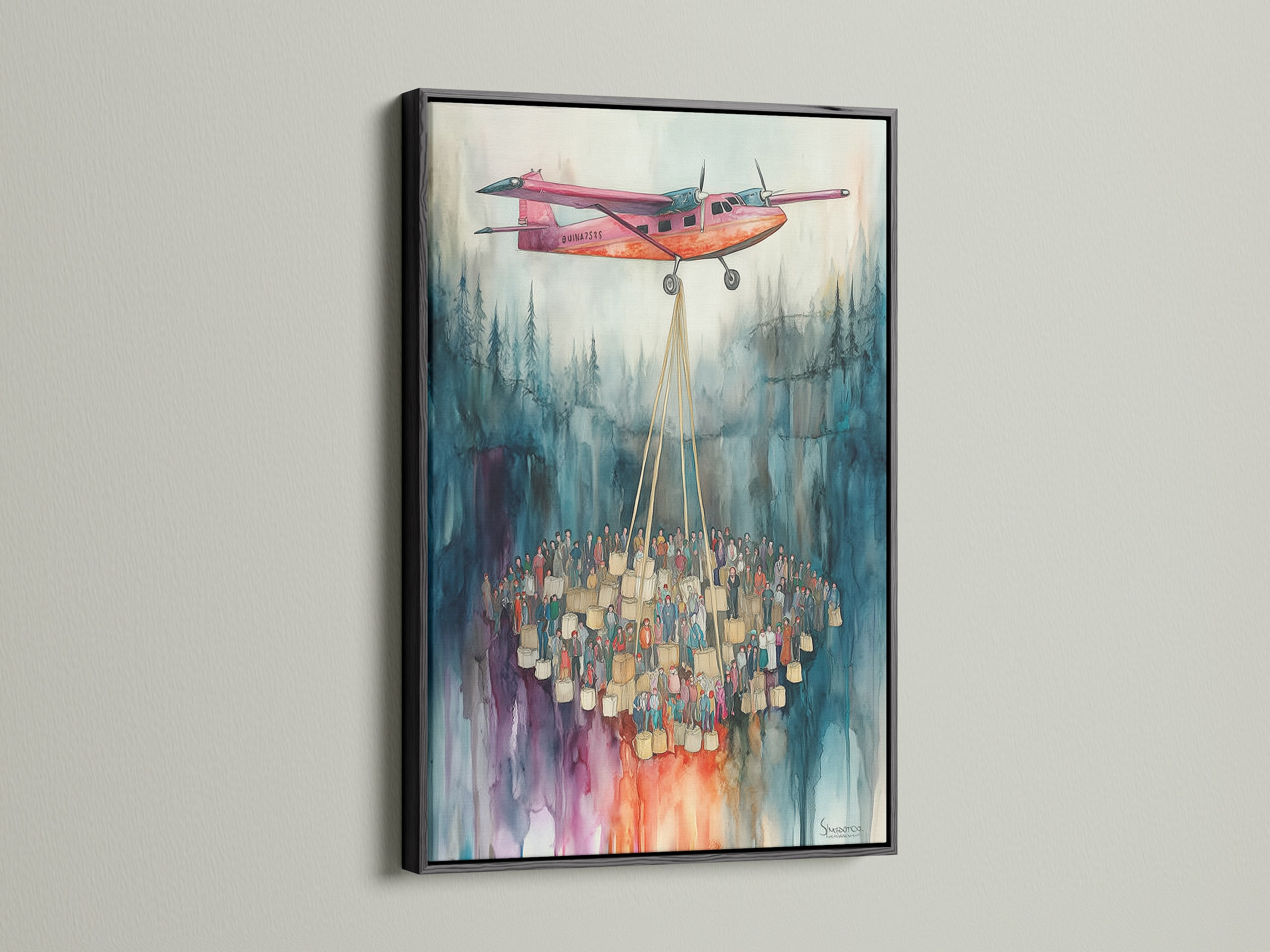 A watercolor airplane artwork in a black frame. The artwork hangs on a wall. It features a pink airplane and a crowd of people. The aviation artwork is a stylish addition to any room. This artistic poster enhances office wall decor.