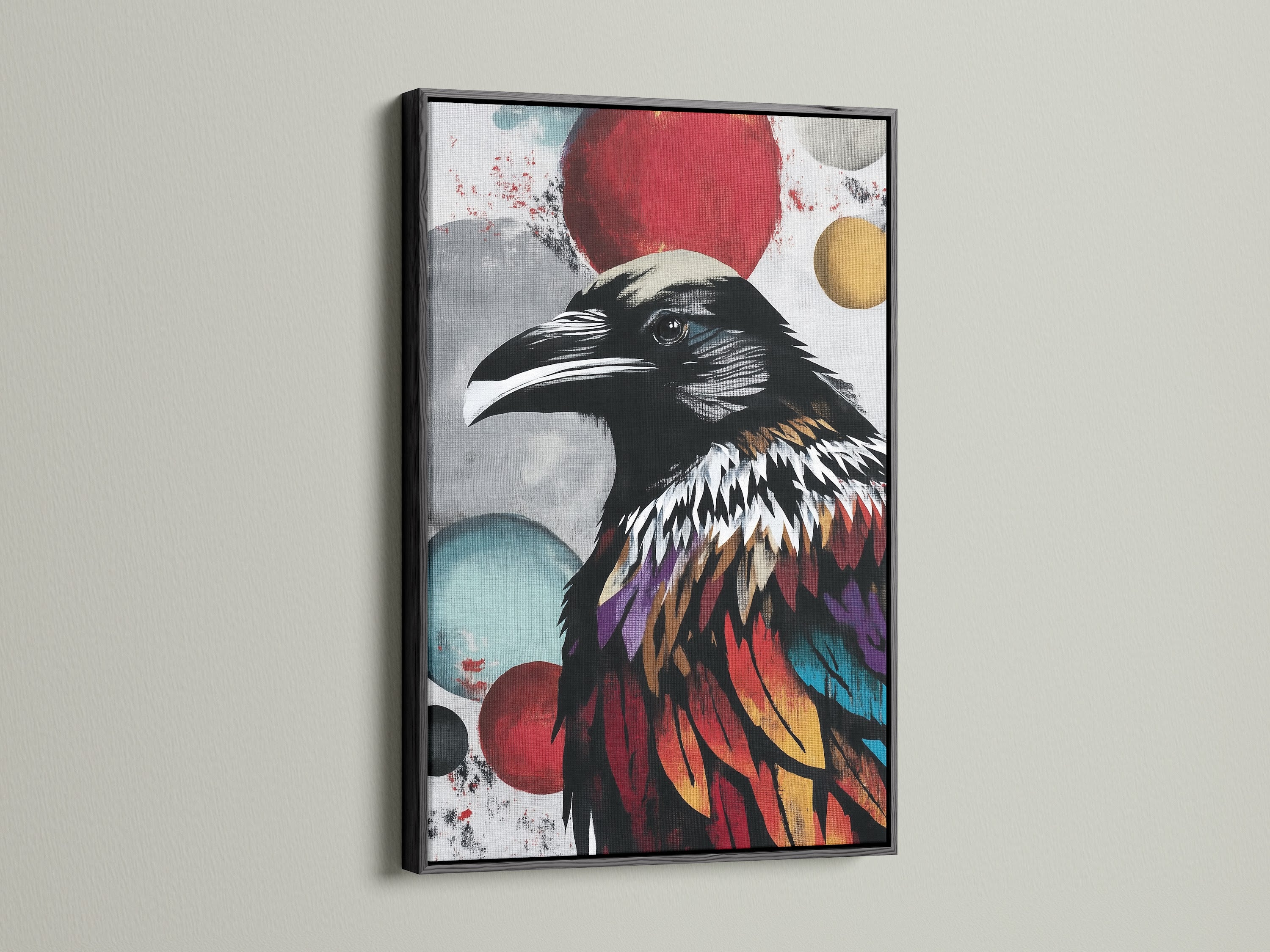 Modern raven art is framed in black. A striking contrast enhances this gothic artwork. This colorful bird wall art is perfect for a modern office. A unique gift for those loving gothic decor.