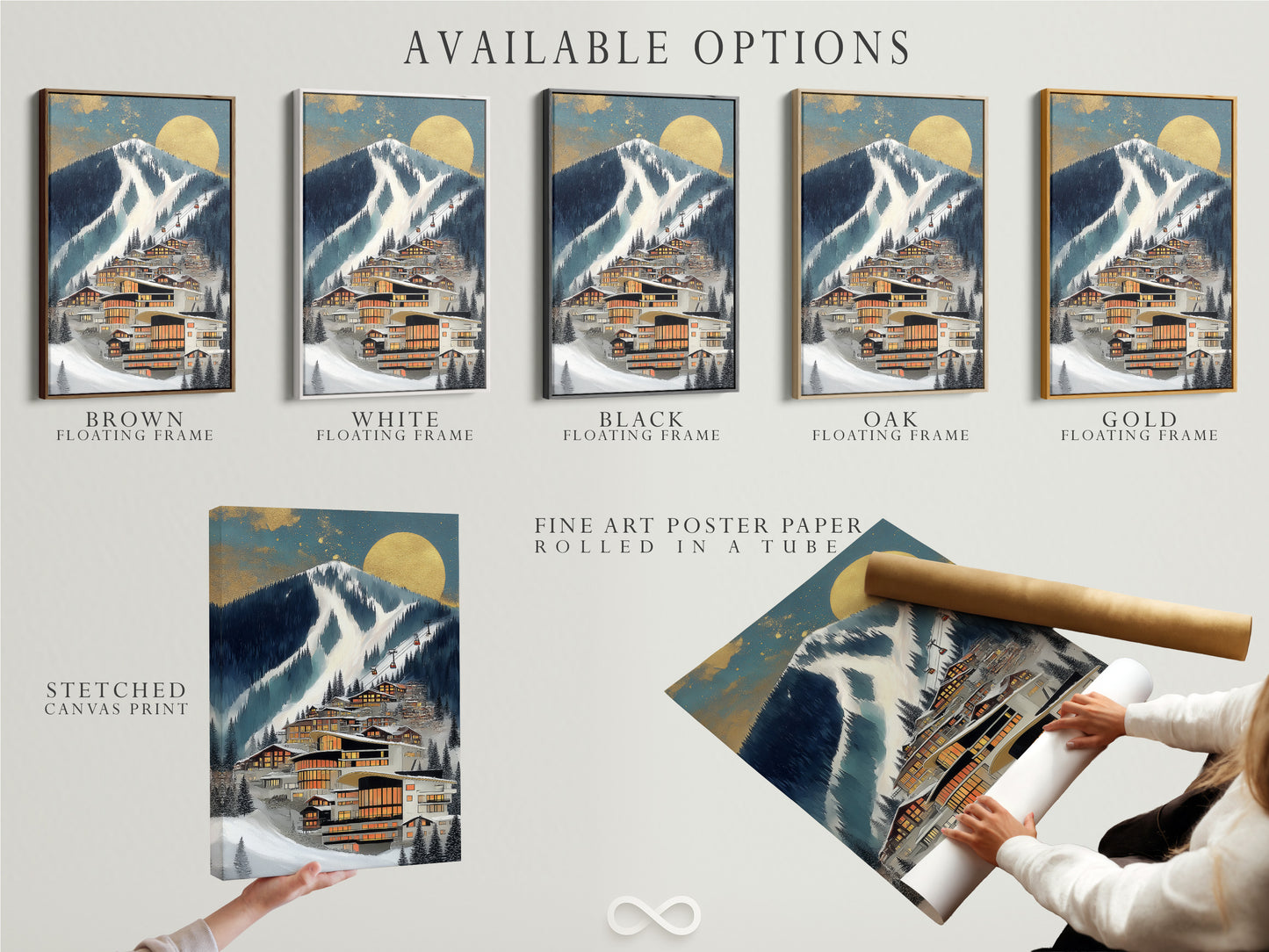 Various options are available for the Alpine Village artwork. Choose from a stretched canvas print. Consider fine art poster paper. Or select a floating frame to match your decor style. Find the perfect piece here.