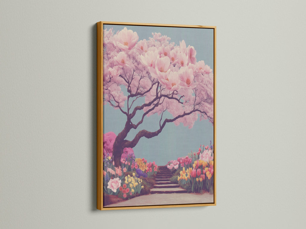 A gold framed Japanese garden canvas print featuring a cherry blossom tree. The pink sakura wall art adds a touch of luxury to your home. This spring artwork brings a fresh botanical element. It is ideal for living rooms bedrooms and co-working spaces. The zen decor creates a peaceful atmosphere.