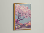 A gold framed Japanese garden canvas print featuring a cherry blossom tree. The pink sakura wall art adds a touch of luxury to your home. This spring artwork brings a fresh botanical element. It is ideal for living rooms bedrooms and co-working spaces. The zen decor creates a peaceful atmosphere.