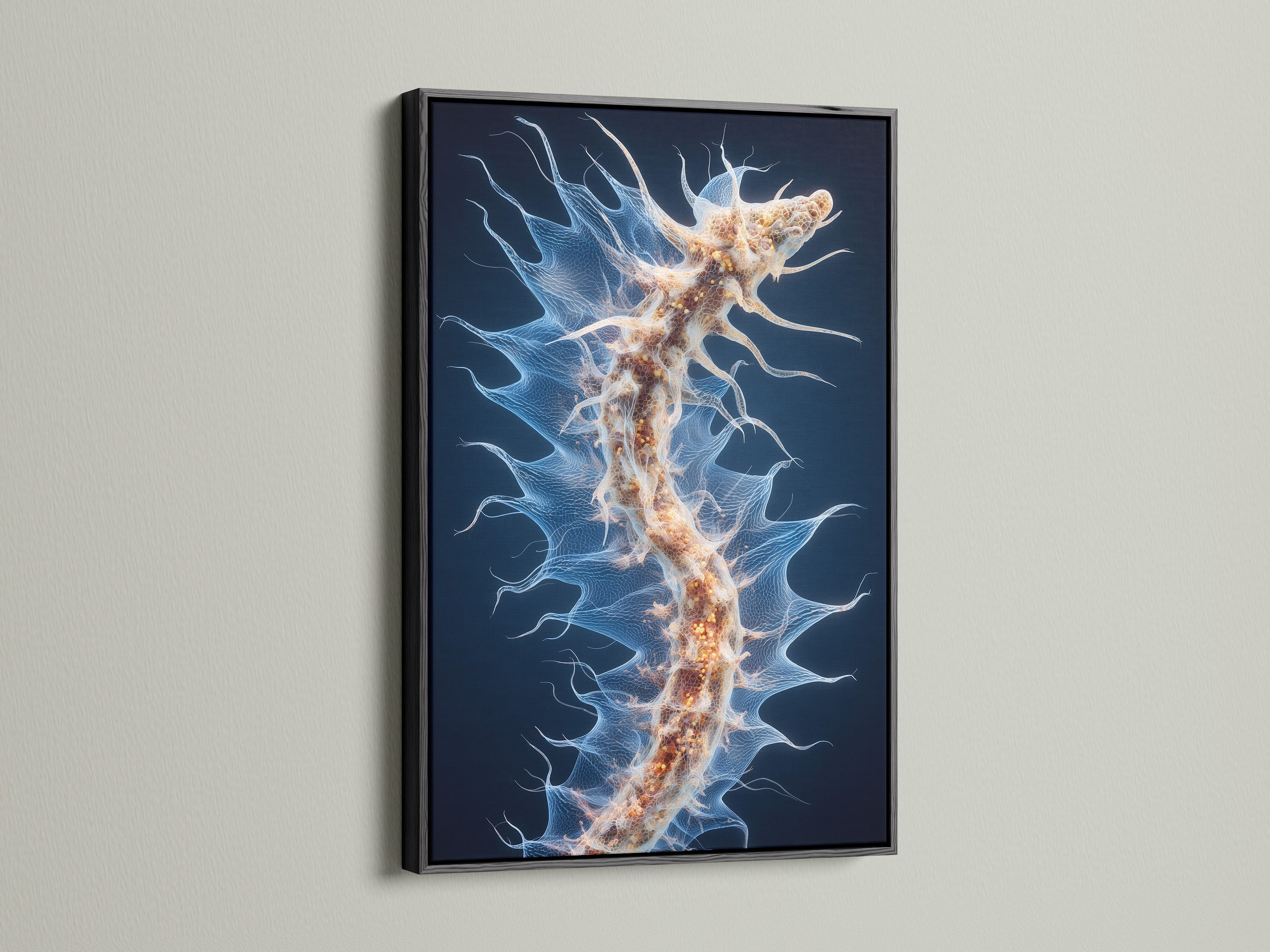 A black frame adds sophistication to this artwork. The dark color creates a bold statement. Ideal for contemporary and minimalist settings. It emphasizes the contrast and details.