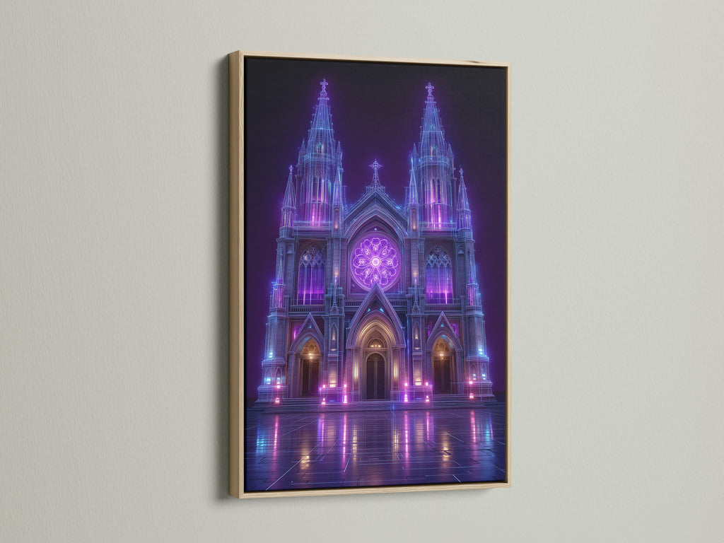 The neon architecture shines in an oak frame. This cyberpunk church poster becomes a focal point. The oak frame complements the purple and blue hues. A great choice for gothic wall decor and futuristic art.