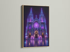 The neon architecture shines in an oak frame. This cyberpunk church poster becomes a focal point. The oak frame complements the purple and blue hues. A great choice for gothic wall decor and futuristic art.