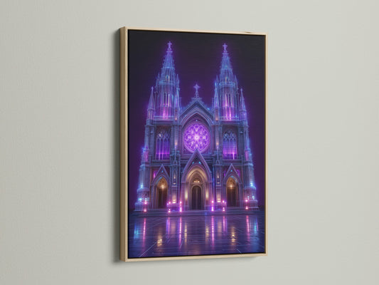 The neon architecture shines in an oak frame. This cyberpunk church poster becomes a focal point. The oak frame complements the purple and blue hues. A great choice for gothic wall decor and futuristic art.