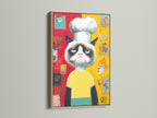 The Chef Cat Wall Art is showcased in an oak frame. This funny cat print brings a unique touch to any space. It is ideal for kitchen wall decor. The grumpy cat canvas adds a playful element. Perfect as a cat lover gift.