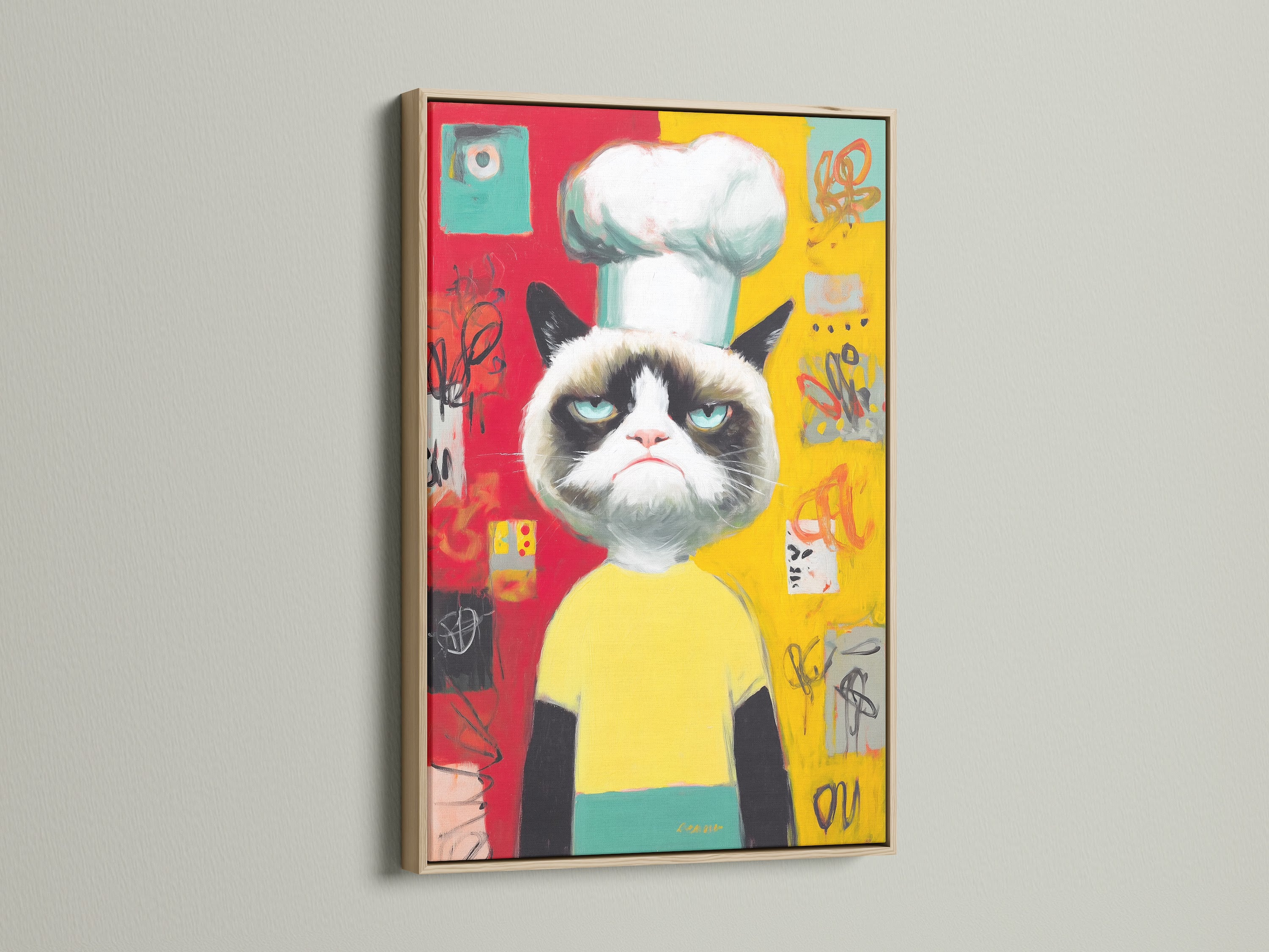 The Chef Cat Wall Art is showcased in an oak frame. This funny cat print brings a unique touch to any space. It is ideal for kitchen wall decor. The grumpy cat canvas adds a playful element. Perfect as a cat lover gift.