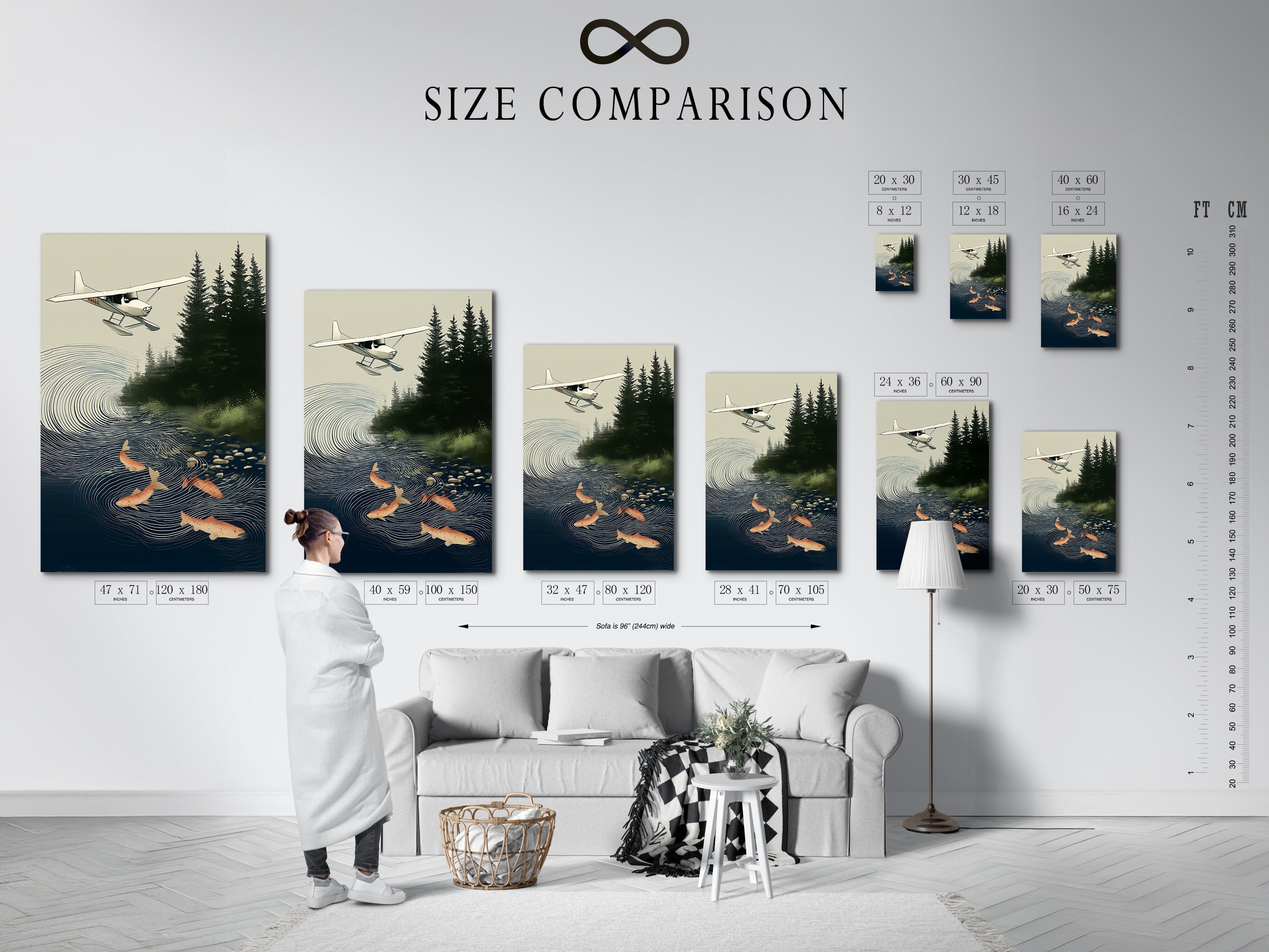 Size comparison chart displayed in an interior setting. This chart helps visualize the Seaplane & Salmon artwork. It shows how it fits in various spaces. This vintage-style art is perfect for cabin decor and rustic wall decor.