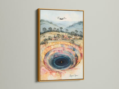 Abstract Mine artwork with a gold frame. The gold frame complements the peach and teal artwork. This contemporary piece brings elegance to any room. The artwork features a captivating hole canvas. A modern and unique wall art option.
