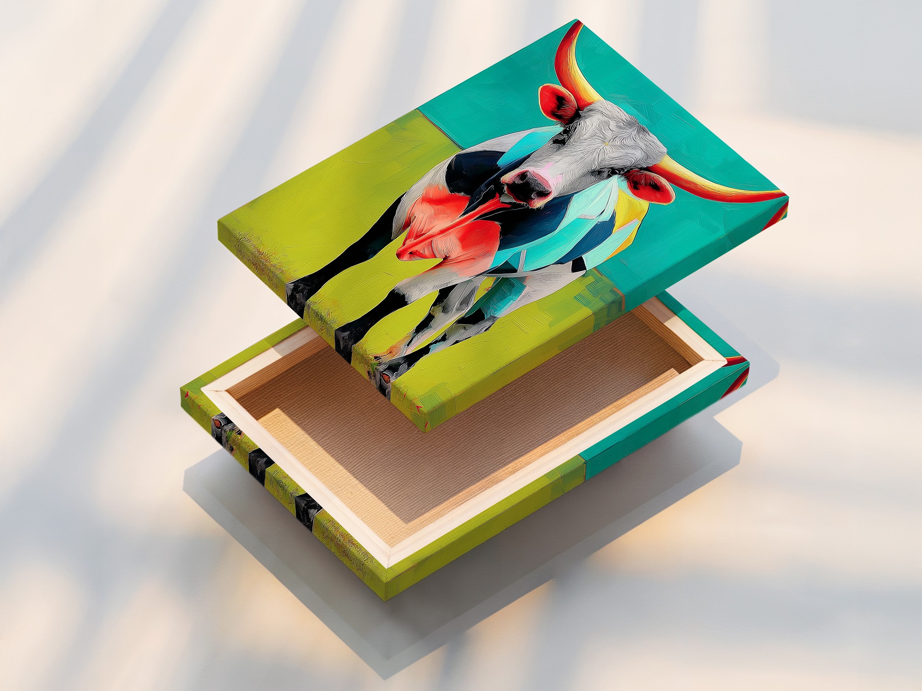 A stretched canvas print featuring the Longhorn Steer. The artwork is ready to hang. No framing required for this modern animal artwork. The farmhouse decor is instantly elevated. The steer painting makes a bold statement. This stretched canvas print is durable and eye-catching. Perfect for any room.