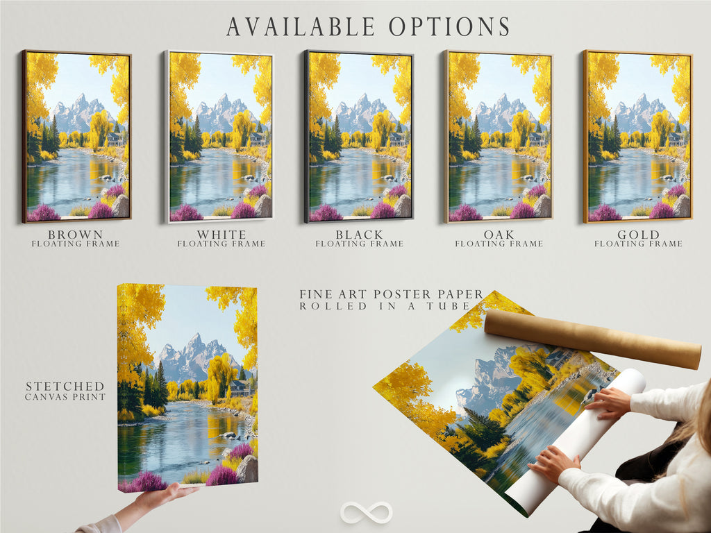 Here are the available options for this mountain river artwork. Choose between a stretched canvas print fine art poster paper or a floating frame. The autumn landscape with yellow trees offers a versatile nature-inspired decor.