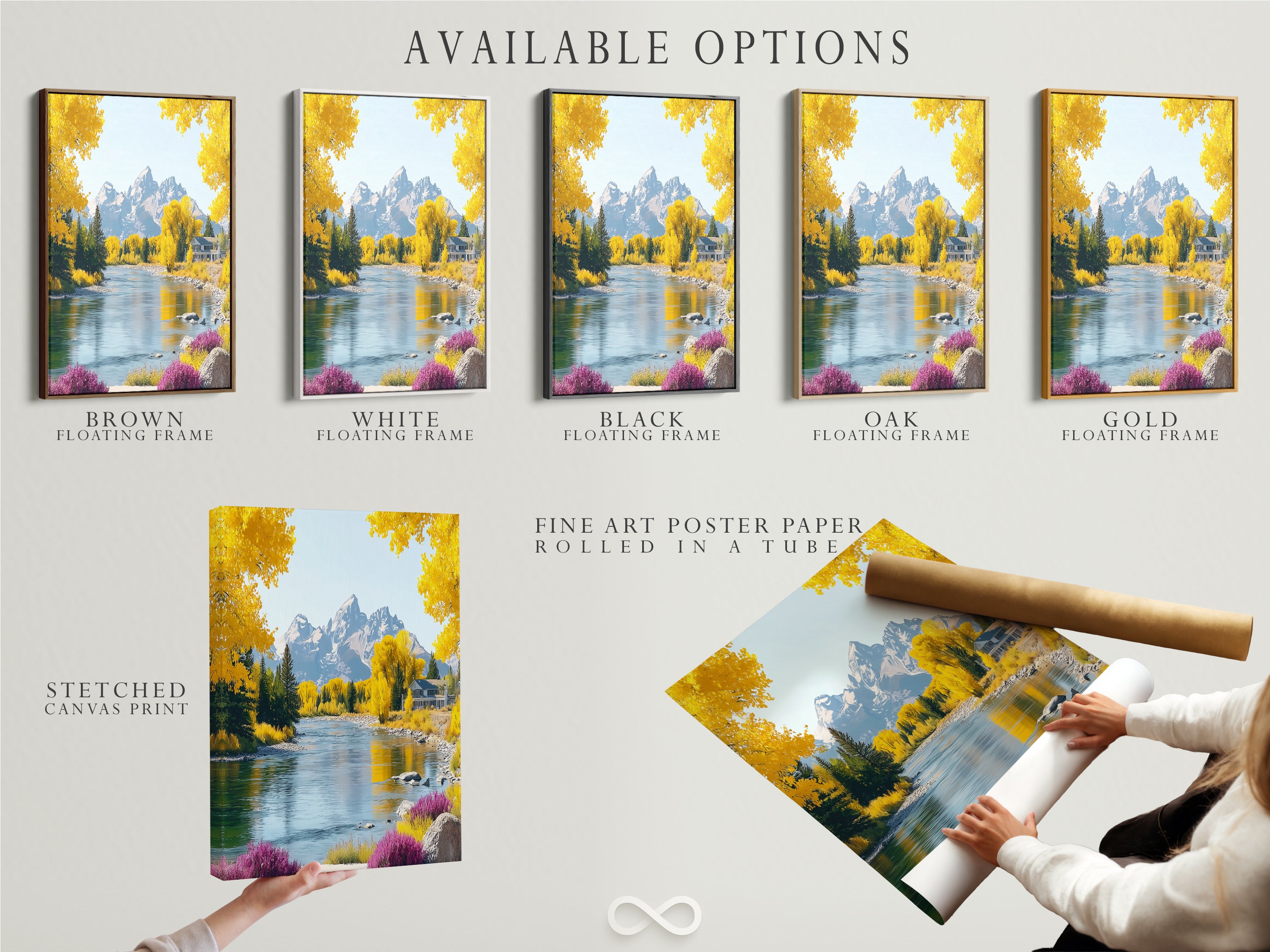 Here are the available options for this mountain river artwork. Choose between a stretched canvas print fine art poster paper or a floating frame. The autumn landscape with yellow trees offers a versatile nature-inspired decor.