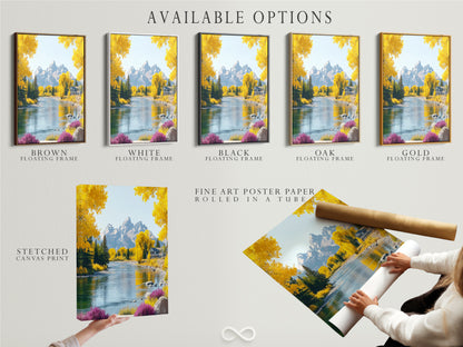 Here are the available options for this mountain river artwork. Choose between a stretched canvas print fine art poster paper or a floating frame. The autumn landscape with yellow trees offers a versatile nature-inspired decor.