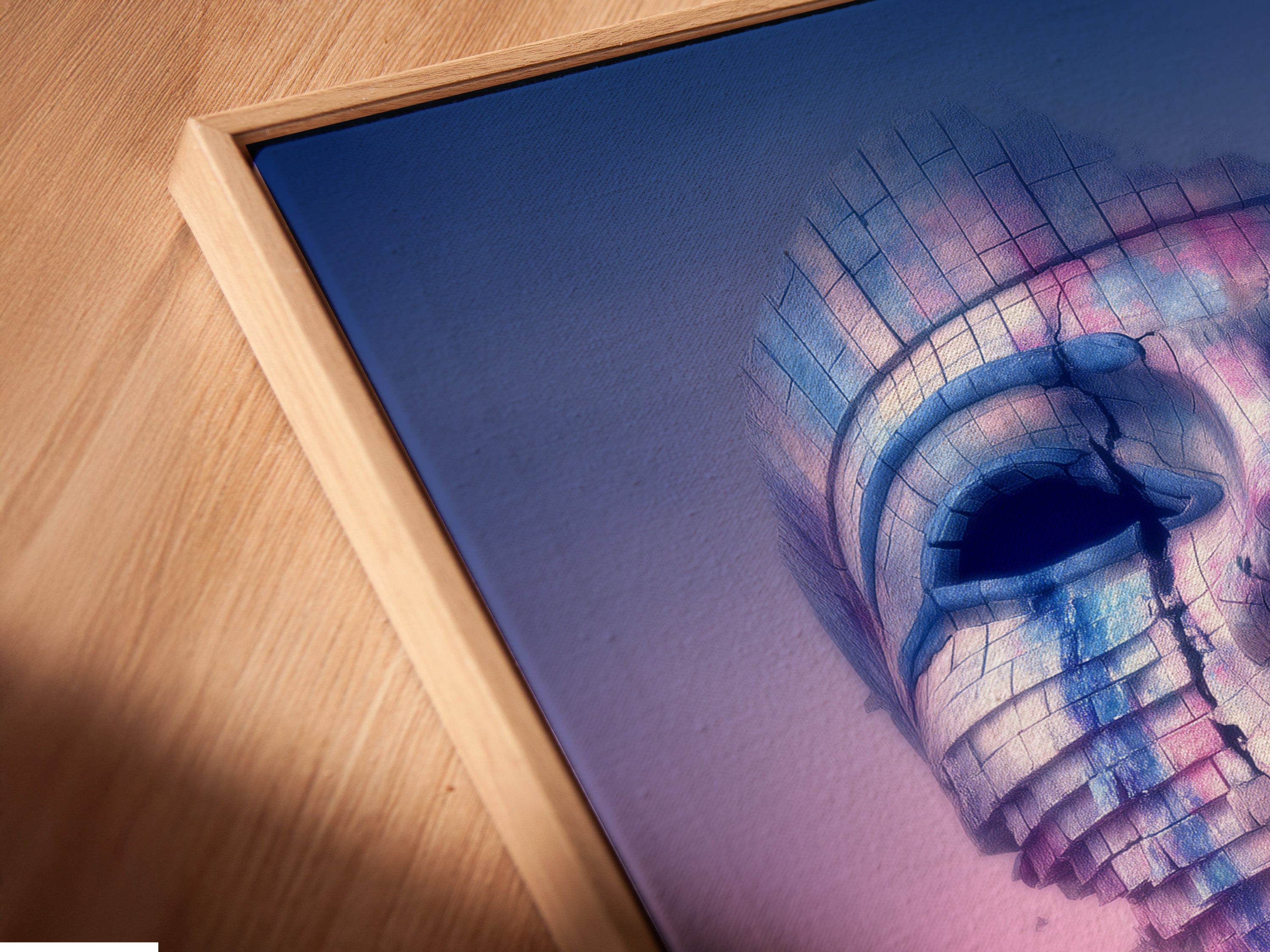 A close-up angled view reveals a canvas print in a floating frame. The surreal face artwork appears to hover within the frame. The futuristic purple and pink tones create a captivating modern art piece. It enhances any space.