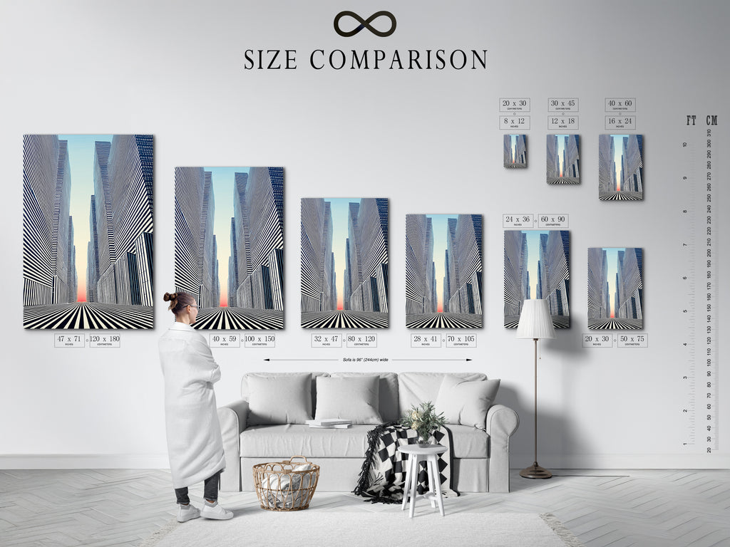 A size comparison chart shows the Cityscape Optical Illusion artwork in an interior setting. See how this modern black and white art fits in your space. Perfect for office decor or urban wall art. Visualize the impact of this geometric canvas print.