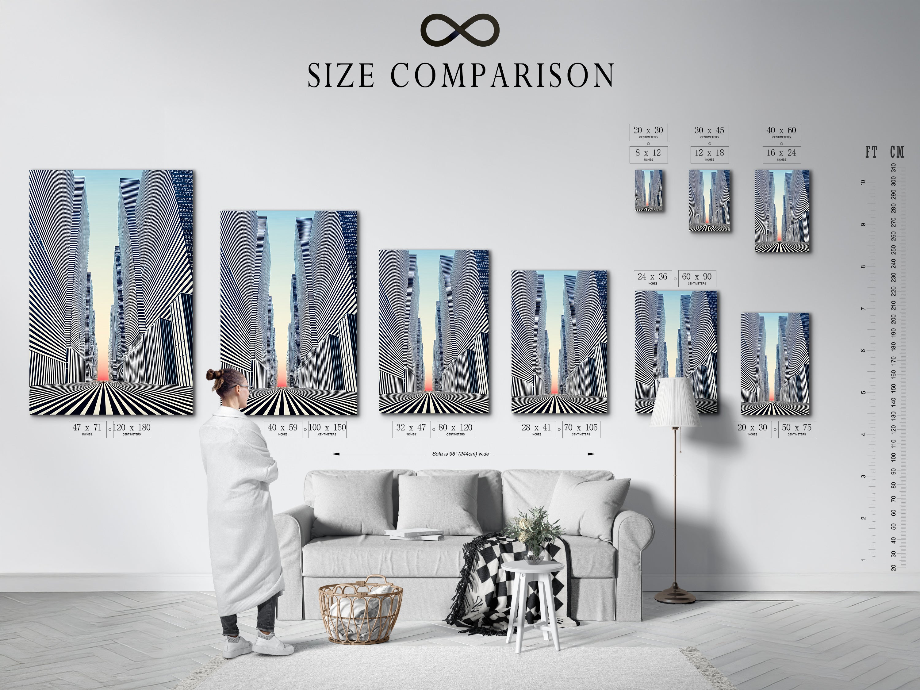 A size comparison chart shows the Cityscape Optical Illusion artwork in an interior setting. See how this modern black and white art fits in your space. Perfect for office decor or urban wall art. Visualize the impact of this geometric canvas print.