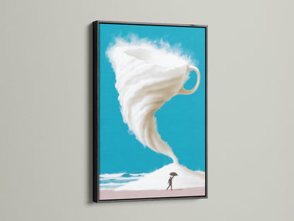 This dramatic black frame highlights a surreal coffee cup storm canvas print. The turquoise sky wall art adds a modern touch to any space. This fantasy artwork is perfect for creating a unique atmosphere in your home or office. A great gift for dreamers and coffee lovers.