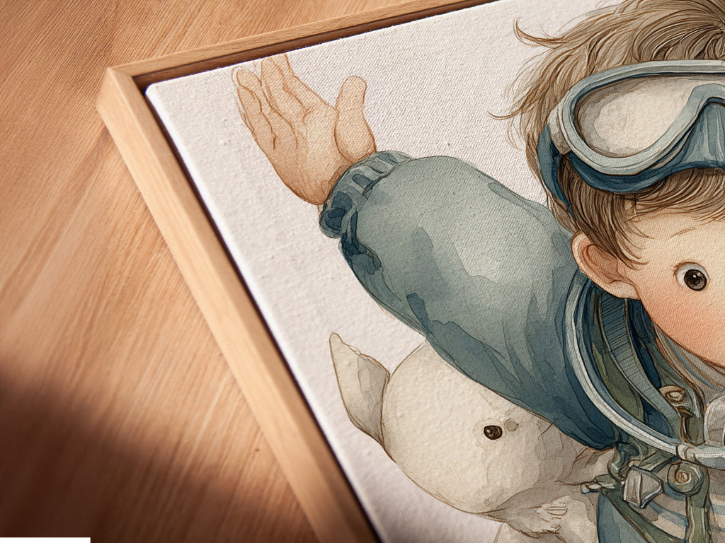 A close-up shot reveals a canvas print in a floating frame. The scuba diver artwork adds a unique touch. It's perfect for ocean nursery art or kids wall decor. This piece brings the underwater world to life. The floating frame enhances the modern aesthetic.