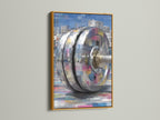 This is a gold frame. It displays industrial machinery art with a luxurious touch. The mechanical print is a modern marvel. The digital pixel canvas print is perfect for upscale office decor. The gold frame adds elegance.