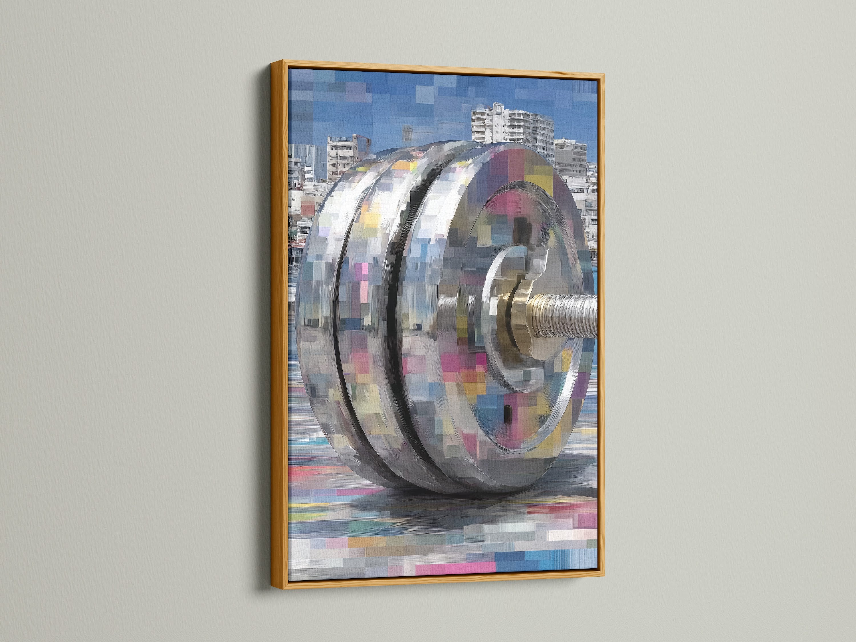 This is a gold frame. It displays industrial machinery art with a luxurious touch. The mechanical print is a modern marvel. The digital pixel canvas print is perfect for upscale office decor. The gold frame adds elegance.