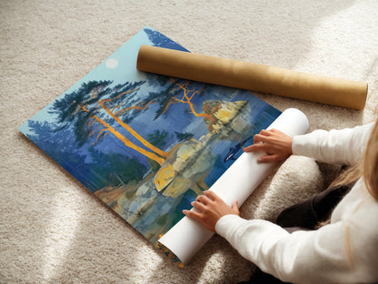 A woman is carefully rolling a fine art poster paper print of the Orca Lake artwork. The artwork shows orcas in a tranquil lake with pine trees. The fine art poster paper ensures high-quality image reproduction. Perfect for art enthusiasts and collectors alike.