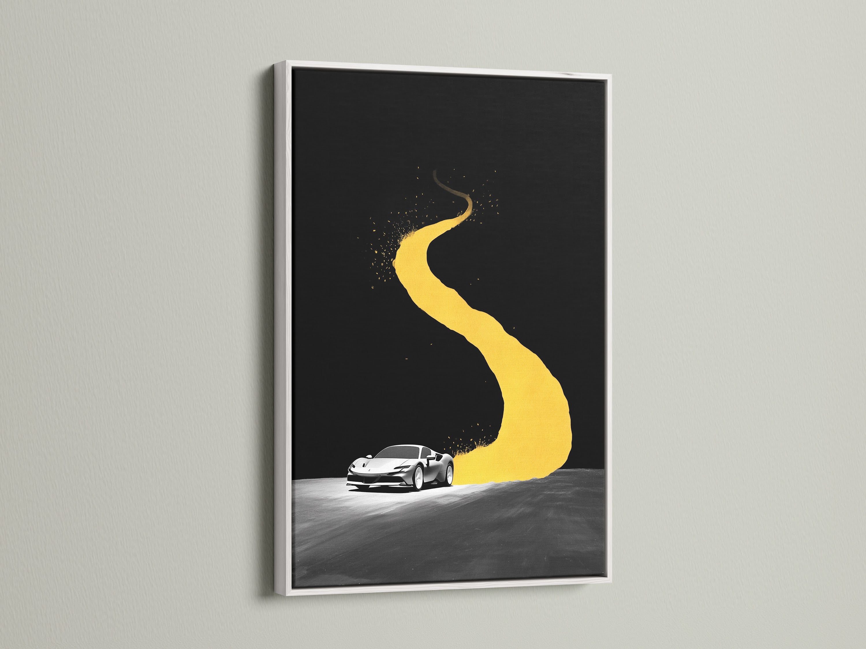 Discover this yellow road sports car art in a white frame. The fine art print is perfect for modern automotive decor. It's ideal for a garage or man cave. This car canvas print creates a clean look.