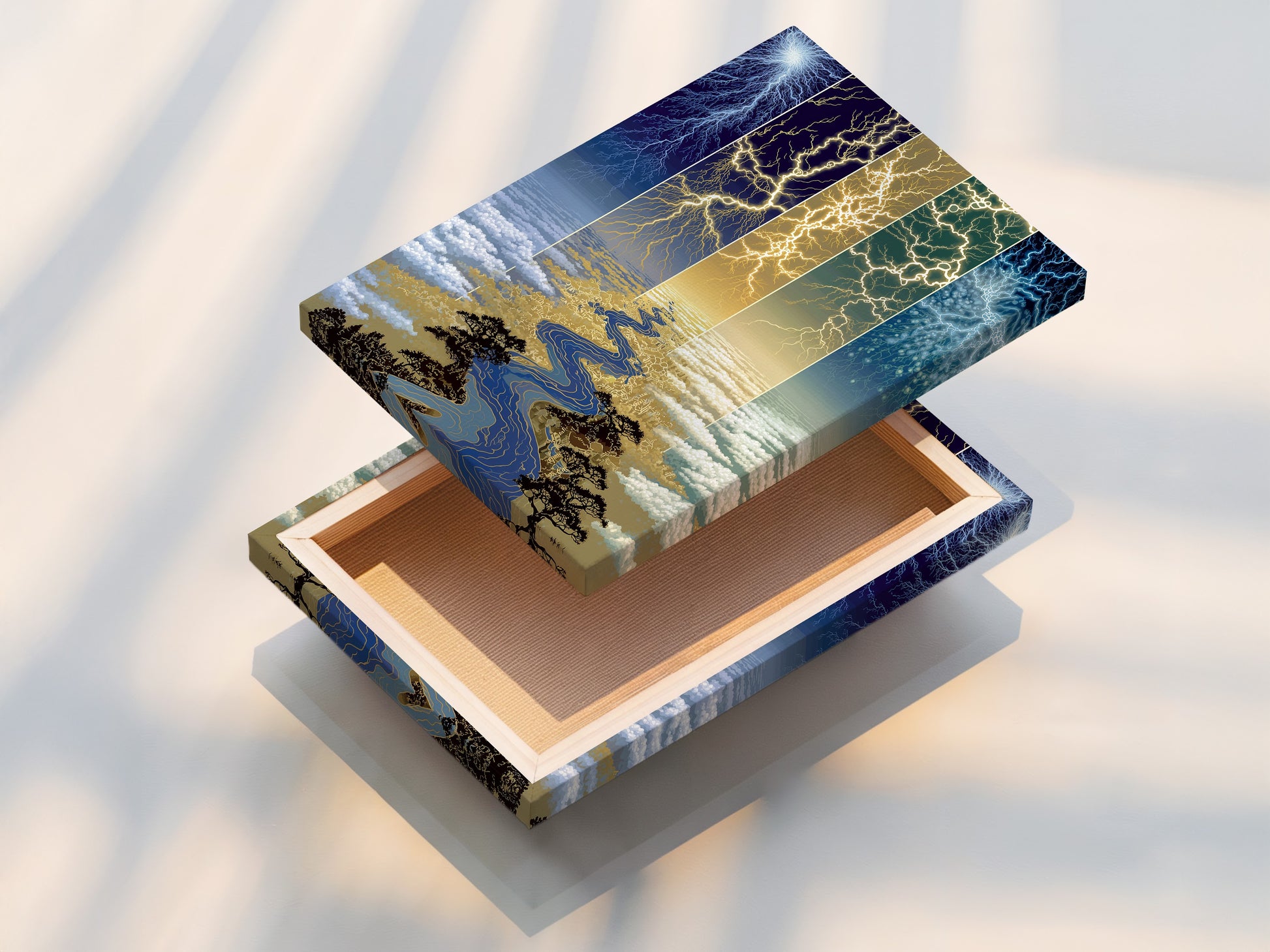 This image displays a stretched canvas print of the Lightning River artwork. Stretched canvas prints are ready to hang. The unique wall art option adds texture and depth to the piece. Shop modern wall art.