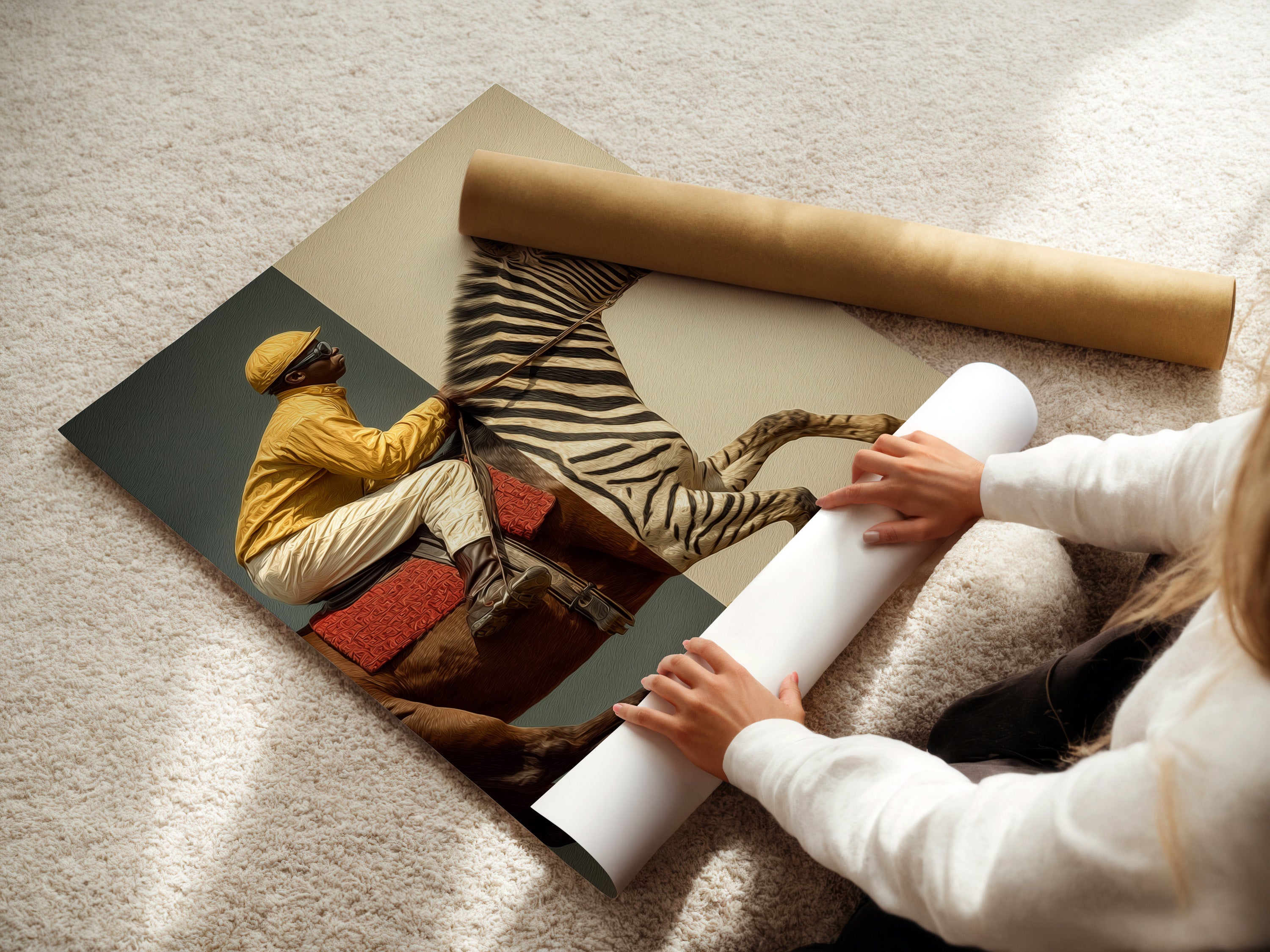 A woman carefully rolling a fine art poster paper. High-quality fine art paper ensures vibrant and lasting prints. Create stunning displays with our premium fine art poster paper. Perfect for any space.