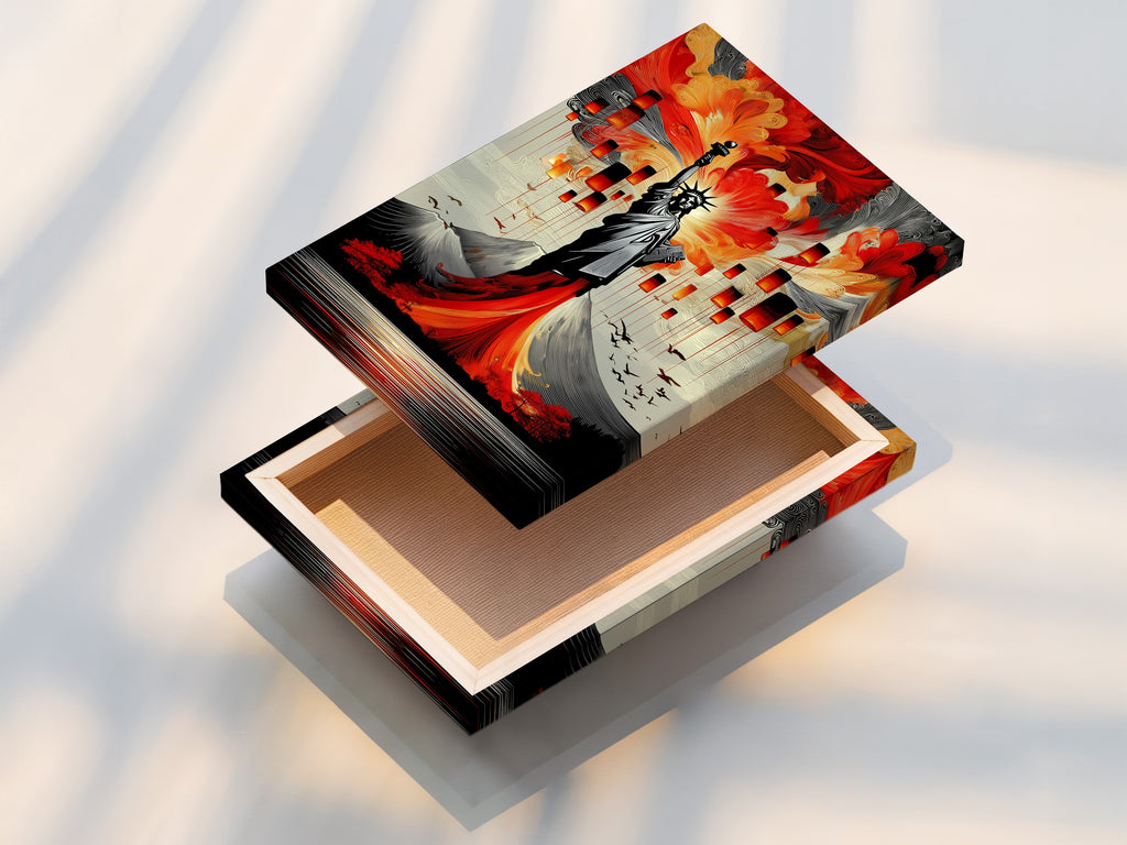 A stretched canvas print of the Statue of Liberty artwork is shown. The stretched canvas provides a ready-to-hang solution for your wall decor. Experience the vibrant colors and details of this modern art print. Enhance your living space with patriotic decor.