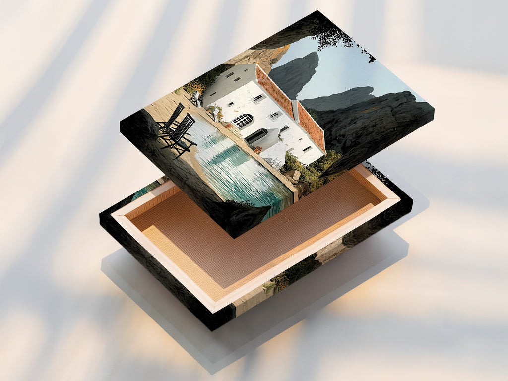 This is a stretched canvas print showcasing coastal villa artwork. The canvas texture enhances the seaside artwork. It's ready to hang and transform your space. Ideal for homeowners renters and interior stylists seeking refined coastal wall art.