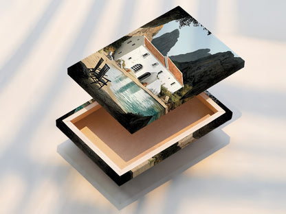 This is a stretched canvas print showcasing coastal villa artwork. The canvas texture enhances the seaside artwork. It's ready to hang and transform your space. Ideal for homeowners renters and interior stylists seeking refined coastal wall art.