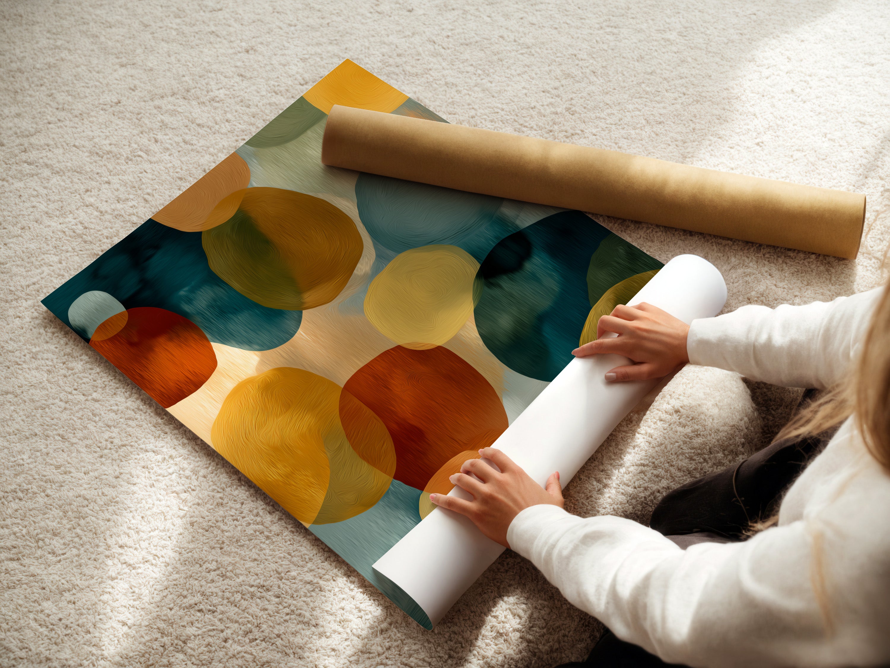 Abstract Circle Canvas Print - Modern Geometric Wall Art, Teal Orange Contemporary Artwork for Living Room Decor