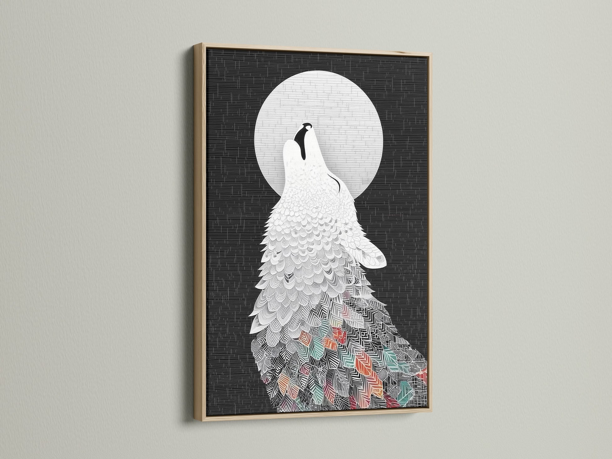 A close-up view showcases the wolf howling at the moon artwork. It features an oak frame that enhances its Scandinavian art style. The black and white animal print is perfect as living room wall art. Shop now for this striking wolf art in an oak frame.