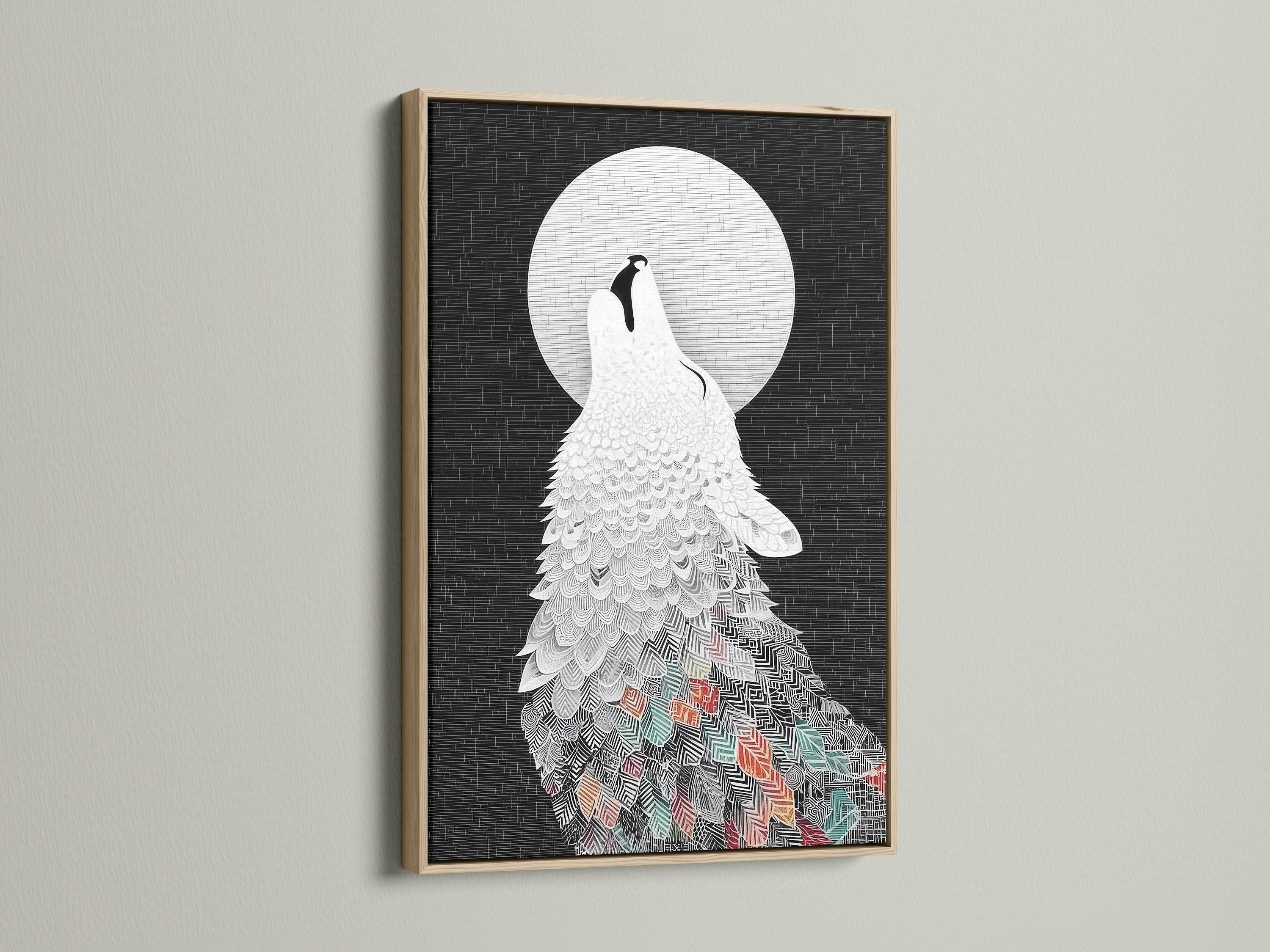 A captivating Wolf Howling at the Moon art print is showcased in an oak frame. The intricate details of the abstract animal are highlighted. This wildlife print will add a touch of nature to your home. Perfect as bedroom art or living room decor.